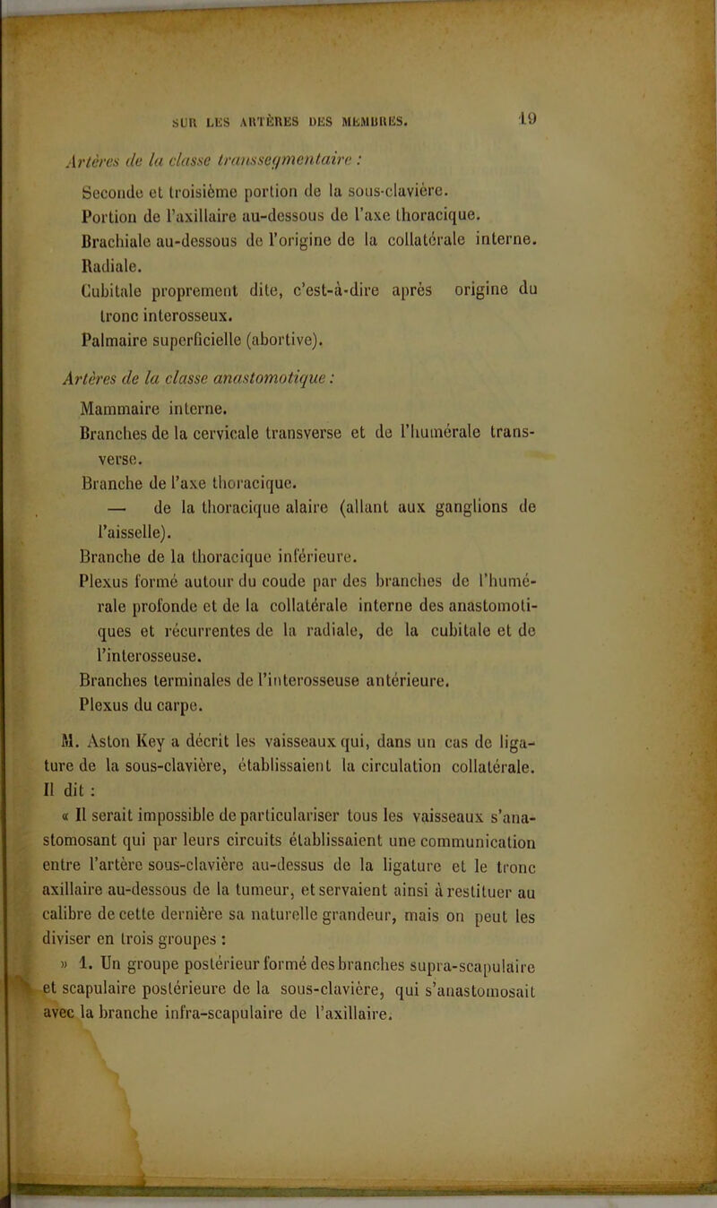 Artères de la classe transsegmentaire : Seconde et troisième portion de la sous-clavière. Portion de l’axillaire au-dessous de l’axe thoracique. Brachiale au-dessous de l’origine de la collatérale interne. Radiale. Cubitale proprement dite, c’est-à-dire après origine du tronc interosseux. Palmaire superficielle (abortive). Artères de la classe anastomotique : Mammaire interne. Branches de la cervicale transverse et de l’humérale trans- verse. Branche de l’axe thoracique. l’aisselle). Branche de la thoracique inférieure. Plexus formé autour du coude par des branches de l’humé- rale profonde et de la collatérale interne des anastomoti- ques et récurrentes de la radiale, de la cubitale et de l’interosseuse. Branches terminales de l’interosseuse antérieure. Plexus du carpe. fil. Aston Key a décrit les vaisseaux qui, dans un cas de liga- ture de la sous-clavière, établissaient la circulation collatérale. « Il serait impossible de particulariser tous les vaisseaux s’ana- stomosant qui par leurs circuits établissaient une communication entre l’artère sous-clavière au-dessus de la ligature et le tronc axillaire au-dessous de la tumeur, et servaient ainsi à restituer au calibre de cette dernière sa naturelle grandeur, mais on peut les diviser en trois groupes : » 1. Un groupe postérieur formé des branches supra-scanulaire de la thoracique alaire (allant aux ganglions de 11 dit : avec la branche infra-scapulaire de l’axillaire.