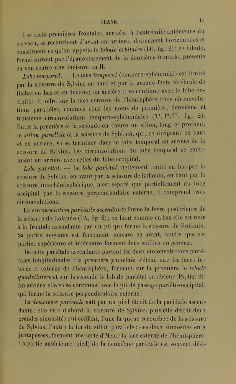 Les trois premieres frontales, arrivees l’exlremite anterieure du ccrveau, sc reoourbenl d’avant en arriere, deviennent liorizontales et constiluenl ce qu’on appelle lc lobule orbitaire (LO, lig. 2); ce lobule, forme surtout par Pepanouissement de la deuxiemc frontale, presenle en son centre une incisure en 11. Lobe temporal. — Le lobe temporal (temporo-sphenoidal) est limile par la scissure de Sylvius en haul et par la grande fente cerebralc de Bichat en bas et en dedans; en arriere il se continue avec le lobe oc- cipital. II offre sur la face convexe de Hemisphere trois circonvolu- tions parallels, connucs sous les noms de premiere, deuxiemc et troisieme circonvolutions temporo-spbenoidales (1 ,1 ,1 > -)• Entre la premiere et la seconde on trouve un sillon, long et profond, le sillon parallele (a la scissure de Sylvius), qui, se dirigeant en liaut et en arriere, va se terminer dans le lobe temporal en arriere de la scissure de Sylvius. Les circonvolutions du lobe temporal se conti- nuent en'arriere avec celles du lobe occipital. Lobe parietal. — Le lobe parietal, netlcment limite en bas par la scissure de Sylvius, en avant par la scissure de Rolando, en haul par la scissure interhemispherique, n’est separe quo partiellement du lobe occipital par la scissure perpendiculairc externe; il comprcnd trois circonvolutions. La circonvolulion parietale ascendante forme la levre posterieure de la scissure de Rolando (PA, fig. 2); en baut comme en bas clle est unie ;\ la frontale ascendante par un pli qui fcrme la scissure de Rolando. Sa partie moyenne est fortement concave en avant, tandis que ses parties superieure et inferieure forment deux saillies ou genoux. De cette parietale ascendante partent les deux circonvolutions parie- tales longitudinales : la premiere parietale s’etend sur les faces in- terne et externe de Phemisphere, formant sur la premiere le lobule quadrilatere et sur la seconde le lobule parietal superieur (Ps, fig. 2). En arriere elle vase continuer avec le pli de passage parieto-occipital, qui ferme la scissure perpendiculaire externe. La deuxi'eme parietale nait par un pied elroit de la parietale ascen- dante: elle suit d’abord la scissure de Sylvius, puis elle decrit deux grandes sinuosites qui coiffent, Pune la queue recourbee de la scissure de Sylvius, l’autre la fin du sillon parallele; ces deux sinuosites en A juxtaposees, forment une sorte d’M sur la face externe de Phemisphere. La partie anterieure (pied) de la deuxieme parietale est souvent desi-