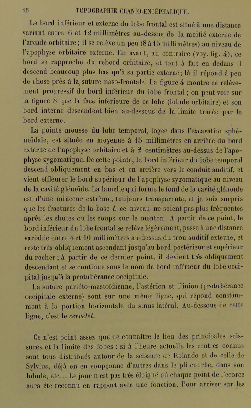 Le bord inferieur el externe du lobe frontal est situe a une distance variant entre 6 et 12 millimetres au-dessus de la moitie externe de 1 arcade orbitaire; il se releve un pen (8 a 15 millimetres) au niveau de l’apophyse orbitaire externe. En avant, au contraire (vov. fig. 4), ce bord se rapproche du rebord orbitaire, et tout a fait en dedans il descend beaucoup plus bas qu’a sa partie externe; la il repond a peu de chose pres a la,suture naso-frontale. La figure 4 montre ce releve- ment progressil du bord inferieur du lobe frontal; on peut voir sur la figure 3 que la face inferieure de ce lobe (lobule orbitaire) et son bord interne descendent bien au-dessous de la limite tracee par le bord externe. La pointe mousse du lobe temporal, logee dans l’excavation sphe- noidale, est situee en moyenne & 15 millimetres en arriere du bord externe de l’apophyse orbitaire et a 2 centimetres au-dessus de l’apo- physe zygomatique. De celle pointe, le bord inferieur du lobe temporal descend obliquement en bas et en arriere vers le conduit auditif, et vient effleurer le bord superieur de fapophyse zygomatique au niveau de la cavite glenoide. La lamelle qui forme le fond de la cavite glcnoide est d’une rninceur extreme, toujours transparenle, et je suis surpris que les fractures de la base a ce niveau ne soient pas plus f'requentes apres les chutes ou les coups sur le menton. A partir de ce point, le bord inferieur du lobe frontal se releve legerement, passe a une distance variable entre 4 et 10 millimetres au-dessus du trou auditif externe, et reste Ires obliquement ascendant jusqu’au bord posterieur et superieur durocher;a partir de ce dernier point, il devient tres obliquement descendant et se continue sous le nom de bord inferieur du lobe occi- pital jusqu’a la protuberance occipitale. La suture parieto-mastoidienne, l’asterion et l’inion (protuberance occipitale externe) sont sur une merne ligne, qui repond constam- ment a la portion horizonlale du sinus lateral. Au-dessous de cette ligne, c’est le cervelet. Ce n’est point assez que de connaitre le lieu des principales scis- sures et la limite des lobes : si a l’heure actuelle les centres connus sont tous distribues autour de la scissure de Rolando et de celle de Sylvius, deja on en soupconne d’autres dans le'pli courbe, dans son lobule, etc... Le jour n’est pas tres eloigne ou cliaque point de l’ecorce aura etc reconnu en rapport avec une lonction. Pour arriver sur les