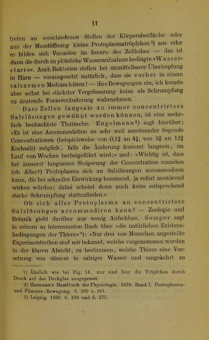 treten an verschiedenen Stellen der Körperoberfläche oder aus der MundöfTnung kleine Protoplasmatröpfchen fl aus oder es bilden sich Vacuolen im Innern des Zellleibes — das ist dann die durch zu plötzliche Wasseraufnahme bedingte »Wasser- starre«. Auch Bakterien stellen bei unmittelbarer Überimpfung in Harn — vorausgesetzt natürlich, dass sie vorher in einem salzarmen Medium lebten! — ihre Bewegungen ein, ich konnte aber selbst bei stärkster Vergrösserung keine als Schrumpfung zu deutende Formveränderung wahrnehmen. Dass Zellen langsam an immer concentrirtere Salzlösungen gewöhnt werden können, ist eine mein- fach beobachtete Thatsache. Engel mann1 2; sagt hierüber: »Es ist eine Accommodation an sehr weit auseinander liegende Concentrationen (beispielsweise von 0,1g an 4g, von 3g an lig Kochsalz) möglich, falls die Änderung äusserst langsam, im Lauf von Wochen herbeigeführt wird;« und: »Wichtig ist, dass bei äusserst langsamer Steigerung der Goncentration manches (ob Alles?) Protoplasma sich an Salzlösungen accommodiren kann, die bei schneller Einwirkung hemmend, ja sofort zerstörend wirken würden; dabei scheint denn auch keine entsprechend starke Schrumpfung stattzufinden.« Ob sich alles Protoplasma an concentrirtere Salzlösungen accommodiren kann? — Zoologie und Botanik giebt darüber nur wenig Aufschluss. Semper sagt in seinem so interessanten Buch über »die natürlichen Existenz- bedingungen der Thiere« 3): »Nur drei von Menschen angestellte Experimentreihen sind mir bekannt, welche vorgenommen wurden in der klaren Absicht, zu bestimmen, welche Thiere eine Ver- setzung von süssem in salziges Wasser und umgekehrt zu 1) Ähnlich wie bei Fig. 14. nur sind hier die Tröpfchen durch Druck auf das Deckglas ausgepresst. 2) Hermann’s Handbuch der Physiologie. 1879. Band I. Protoplasma- und Flimmer-Bewegung. S. 389 u. 361. 3) Leipzig. 1880. S. 188 und S. 277.
