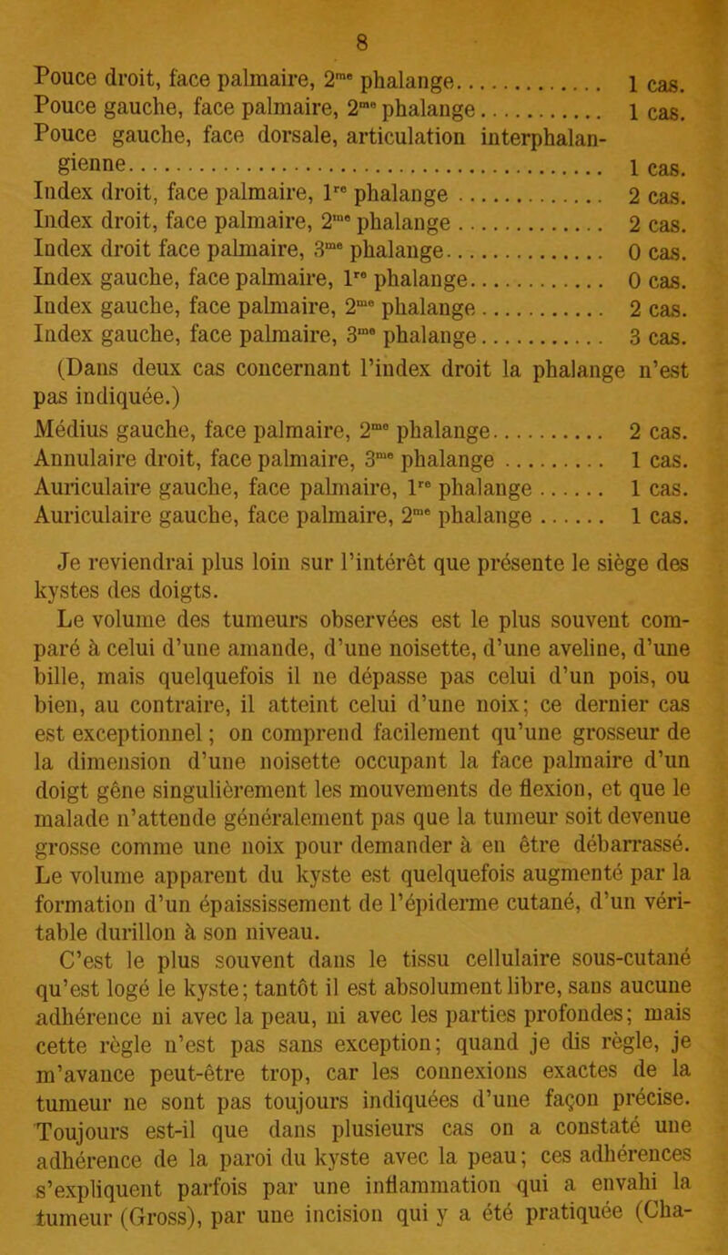 Pouce droit, face palmaire, 2me phalange 1 cas. Pouce gauche, face palmaire, 2“8 phalange 1 cas. Pouce gauche, face dorsale, articulation interphalan- gienne 1 Cas. Index droit, face palmaire, lro phalange 2 cas. Index droit, face palmaire, 2’° phalange 2 cas. Index droit face palmaire, 3me phalange 0 cas. Index gauche, face palmaire, lr6 phalange 0 cas. Index gauche, face palmaire, 2mo phalange 2 cas. Index gauche, face palmaire, 3me phalange 3 cas. (Dans deux cas concernant l’index droit la phalange n’est pas indiquée.) Médius gauche, face palmaire, 2mo phalange 2 cas. Annulaire droit, face palmaire, 3me phalange 1 cas. Auriculaire gauche, face palmaire, lre phalange 1 cas. Auriculaire gauche, face palmaire, 2me phalange 1 cas. Je reviendrai plus loin sur l’intérêt que présente le siège des kystes des doigts. Le volume des tumeurs observées est le plus souvent com- paré à celui d’une amande, d’une noisette, d’une aveline, d’une bille, mais quelquefois il ne dépasse pas celui d’un pois, ou bien, au contraire, il atteint celui d’une noix; ce dernier cas est exceptionnel ; on comprend facilement qu’une grosseur de la dimension d’une noisette occupant la face palmaire d’un doigt gêne singulièrement les mouvements de flexion, et que le malade n’attende généralement pas que la tumeur soit devenue grosse comme une noix pour demander à en être débarrassé. Le volume apparent du kyste est quelquefois augmenté par la formation d’un épaississement de l’épiderme cutané, d’un véri- table durillon à son niveau. C’est le plus souvent dans le tissu cellulaire sous-cutané qu’est logé le kyste; tantôt il est absolument libre, sans aucune adhérence ni avec la peau, ni avec les parties profondes; mais cette règle n’est pas sans exception; quand je dis règle, je m’avance peut-être trop, car les connexions exactes de la tumeur ne sont pas toujours indiquées d’une façon précise. Toujours est-il que dans plusieurs cas on a constaté une adhérence de la paroi du kyste avec la peau ; ces adhérences s’expliquent parfois par une inflammation qui a envahi la tumeur (Gross), par une incision qui y a été pratiquée (Cha-