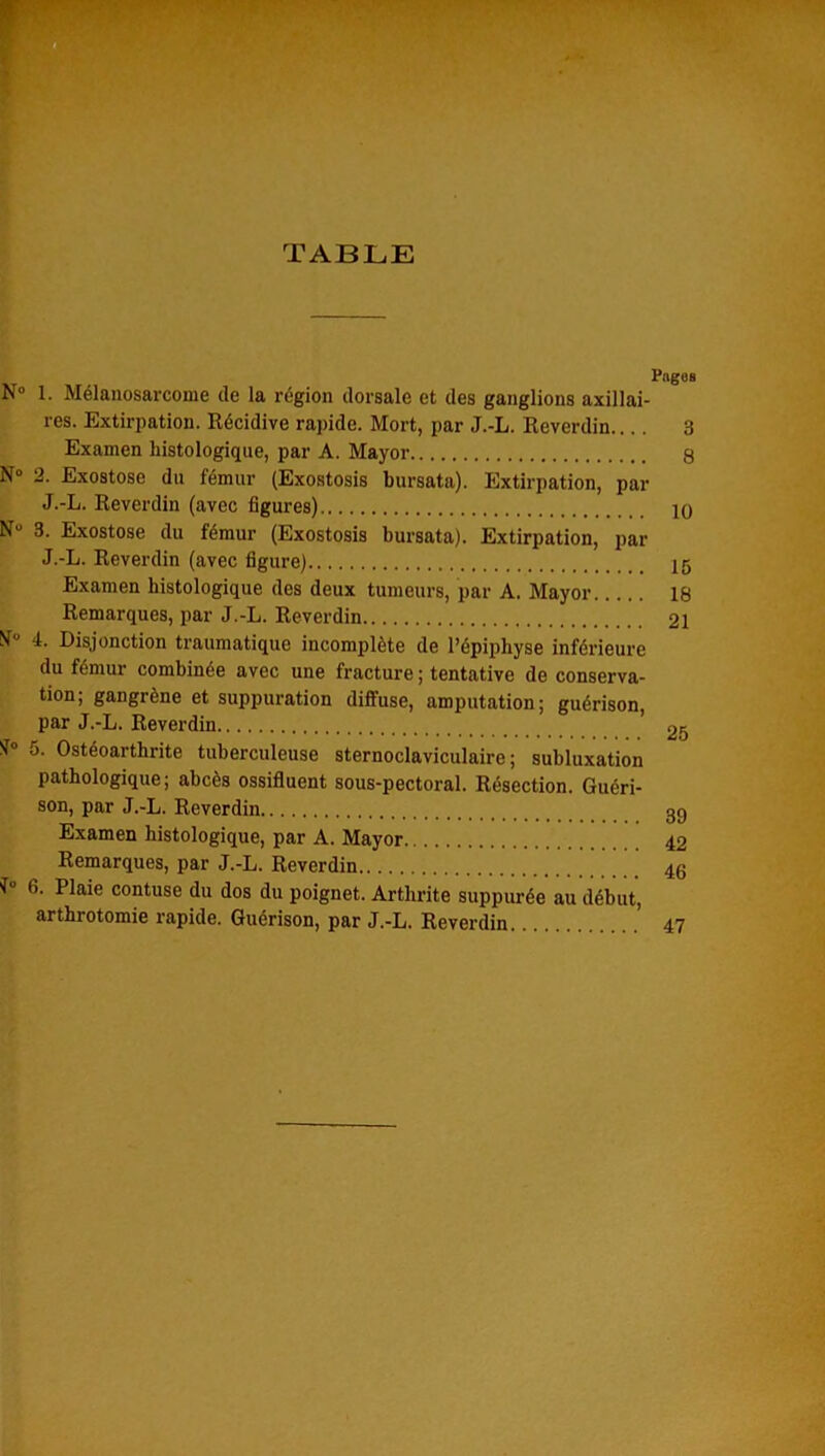 TABLE N° 1. Mélanosarconie de la région dorsale et des ganglions axillai- res. Extirpation. Récidive rapide. Mort, par J.-L. Reverdin... . 3 Examen histologique, par A. Mayor 8 N° 2. Exostose du fémur (Exostosis bursata). Extirpation, par J.-L. Reverdin (avec figures) 10 Nu 3. Exostose du fémur (Exostosis bursata). Extirpation, par J.-L. Reverdin (avec figure) 15 Examen histologique des deux tumeurs, par A. Mayor 18 Remarques, par J.-L. Reverdin 21 N 4. Disjonction traumatique incomplète de l’épiphyse inférieure du fémur combinée avec une fracture ; tentative de conserva- tion; gangrène et suppuration diffuse, amputation; guérison, par J.-L. Reverdin ’ 25 !ï° 5. Ostéoarthrite tuberculeuse sternoclaviculaire; subluxation pathologique; abcès ossifluent sous-pectoral. Résection. Guéri- son, par J.-L. Reverdin 39 Examen histologique, par A. Mayor 42 Remarques, par J.-L. Reverdin 46 ï° 6. Plaie contuse du dos du poignet. Arthrite suppurée au début, arthrotomie rapide. Guérison, par J.-L. Reverdin 47