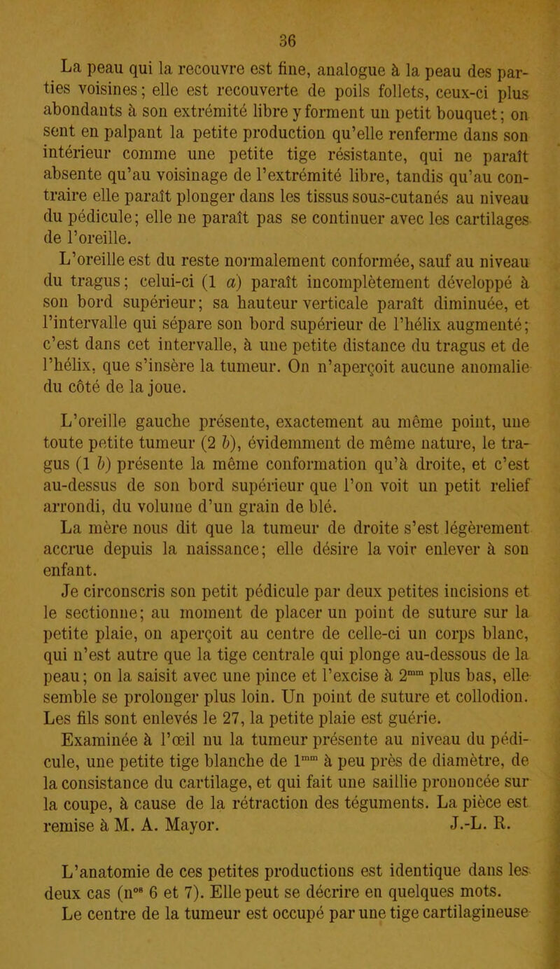 La peau qui la recouvre est fine, analogue à la peau des par- ties voisines ; elle est recouverte de poils follets, ceux-ci plus abondants à son extrémité libre y forment un petit bouquet ; on sent en palpant la petite production qu’elle renferme dans son intérieur comme une petite tige résistante, qui ne paraît absente qu’au voisinage de l’extrémité libre, tandis qu’au con- traire elle paraît plonger dans les tissus sous-cutanés au niveau du pédicule; elle ne paraît pas se continuer avec les cartilages de l’oreille. L’oreille est du reste normalement conformée, sauf au niveau du tragus; celui-ci (1 a) paraît incomplètement développé à son bord supérieur; sa hauteur verticale paraît diminuée, et l’intervalle qui sépare son bord supérieur de l’hélix augmenté; c’est dans cet intervalle, à une petite distance du tragus et de l’hélix, que s’insère la tumeur. On n’aperçoit aucune anomalie du côté de la joue. L’oreille gauche présente, exactement au même point, une toute petite tumeur (2 ô), évidemment de même nature, le tra- gus (1 b) présente la même conformation qu’à droite, et c’est au-dessus de son bord supérieur que l’on voit un petit relief arrondi, du volume d’un grain de blé. La mère nous dit que la tumeur de droite s’est légèrement accrue depuis la naissance ; elle désire la voir enlever à son enfant. Je circonscris son petit pédicule par deux petites incisions et le sectionne; au moment de placer un point de suture sur la petite plaie, on aperçoit au centre de celle-ci un corps blanc, qui n’est autre que la tige centrale qui plonge au-dessous de la peau; on la saisit avec une pince et l’excise à 2œra plus bas, elle semble se prolonger plus loin. Un point de suture et collodion. Les fils sont enlevés le 27, la petite plaie est guérie. Examinée à l’œil nu la tumeur présente au niveau du pédi- cule, une petite tige blanche de lmm à peu près de diamètre, de la consistance du cartilage, et qui fait une saillie prononcée sur la coupe, à cause de la rétraction des téguments. La pièce est remise à M. A. Mayor. J.-L. R. L’anatomie de ces petites productions est identique dans les deux cas (n0B 6 et 7). Elle peut se décrire en quelques mots. Le centre de la tumeur est occupé par une tige cartilagineuse