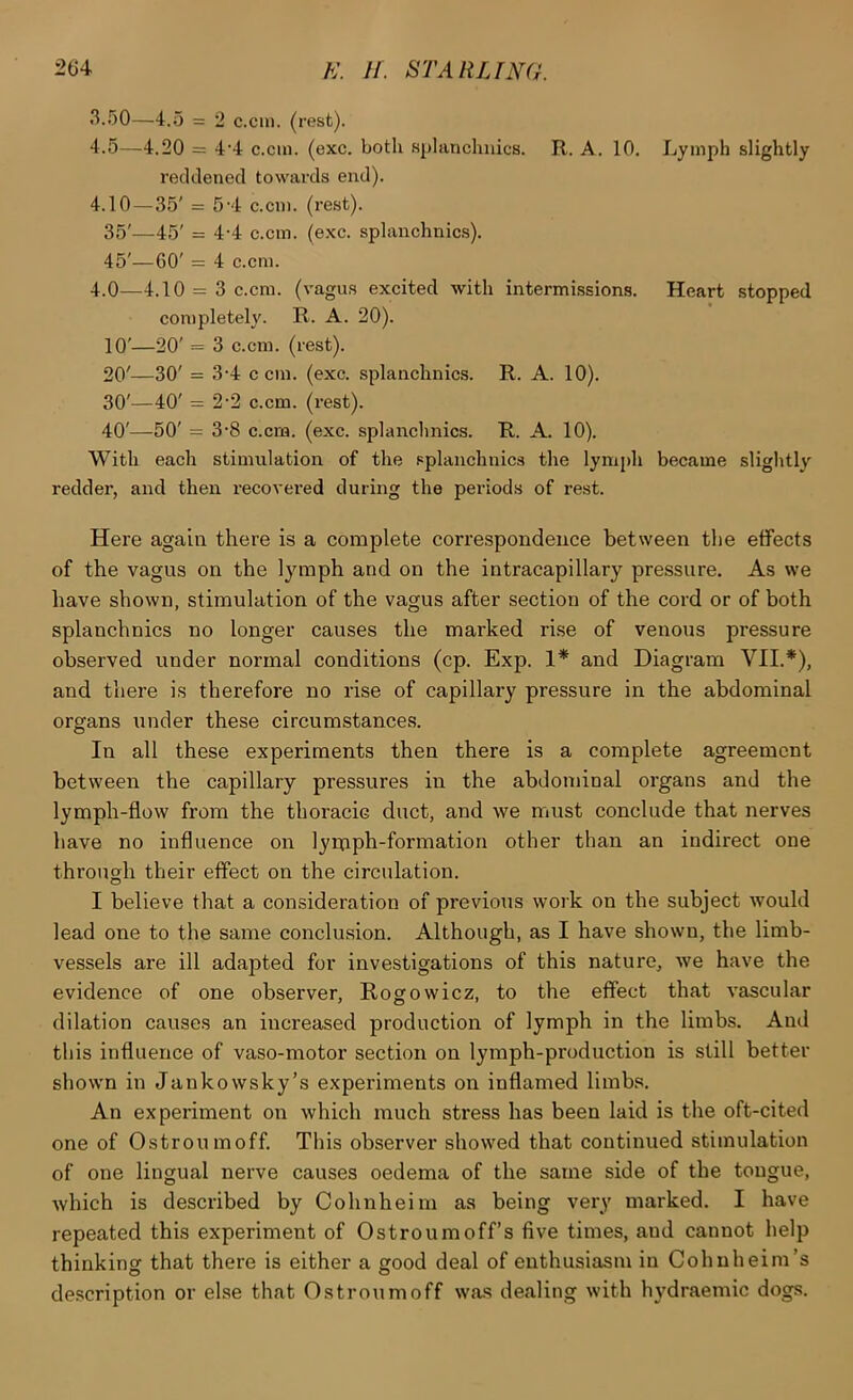 3.50—4.5 = 2 c.cin. (rest). 4.5—4.20 = 4'4 c.cin. (exc. botli splanchiiics. R. A. 10. Lymph slightly reddened towards end). 4.10—35' = 5'4 c.cni. (rest). 35'—45' = 4-4 c.cm. (exc. splanchnics). 45'—60' = 4 c.cm. 4.0—4.10 = 3 c.cm. (vagus excited with intermissions. Heart stopped completely. R. A. 20). 10'—20' = 3 c.cm. (rest). 20'—30' = 3-4 c cm. (exc. splanchnics. R. A. 10). 30'—40' = 2-2 c.cm. (rest). 40'—50' = 3'8 c.cm. (exc. splanchnics. R. A. 10). With each stimulation of the splanchnics the lymph became slightly redder, and then recovered during the periods of re.st. Here again there is a complete correspondence between the effects of the vagus on the lymph and on the intracapillary pressure. As we have shown, stimulation of the vagus after section of the cord or of both splanchnics no longer causes the marked rise of venous pressure observed under normal conditions (cp. Exp. 1* and Diagram VII.*), and there is therefore no rise of capillary pressure in the abdominal organs under these circumstances. In all these experiments then there is a complete agreement between the capillary pressures in the abdominal organs and the lymph-flow from the thoracic duct, and we must conclude that nerves have no influence on lymph-formation other than an indirect one through their effect on the circulation. I believe that a consideration of previous work on the subject would lead one to the same conclusion. Although, as I have shown, the limb- vessels are ill adapted for investigations of this nature, we have the evidence of one observer, Rogowicz, to the effect that vascular dilation causes an increased production of lymph in the limbs. And this influence of vaso-motor section on lymph-production is still better shown in Jankowsky’s experiments on inflamed limbs. An experiment on which much stress has been laid is the oft-cited one of Ostroumoff. This observer showed that continued stimulation of one lingual nerve causes oedema of the same side of the tongue, which is described by Cohnheim as being very marked. I have repeated this experiment of Ostroumoff’s five times, and cannot help thinking that there is either a good deal of enthusiasm in Cohnheim’s description or else that Ostroumoff wa.s defiling with hydraemic dogs.