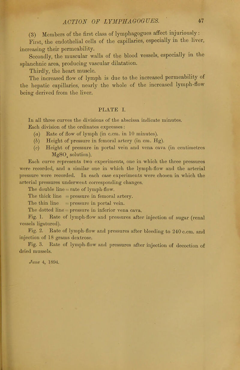 (3) Members of the first class of lymphagogues affect injuriously : First, the endothelial cells of the capillaries, especially in the liver, increasing their permeability. Secondly, the muscular walls of the blood vessels, especially in the splanchnic area, producing vascular dilatation. Thirdly, the heart muscle. The increased flow of lymph is due to the increased permeability of the hepatic capillaries, nearly the whole of the increased lymph-flow being derived from the liver. PLATE I. In all three curves the divisions of the abscissa indicate minutes. Each division of the ordinates expresses: (a) Rate of flow of lymph (in c.cm. in 10 minutes). (b) Height of pressure in femoral artery (in cm. Hg). (c) Height of pressure in portal vein and vena cava (in centimetres MgS04 solution). Each curve represents two experiments, one in which the three pressures were recorded, and a similar one in which the lympli-flow and the arterial pressure were recorded. In each case experiments were chosen in which the arterial pressures underwent corresponding changes. The double line = rate of lymph-flow. The thick line = pressure in femoral ai’tery. The thin line — pressure in portal vein. The dotted line = pressure in inferior vena cava. Fig. 1. Rate of lymph-flow and pressures after injection of sugar (renal vessels ligatured). Fig. 2. Rate of lymph-flow and pressures after bleeding to 240 c.cm. and injection of 18 grams dextrose. Fig. 3. Rate of lymph-flow and pressures after injection of decoction of dried mussels.