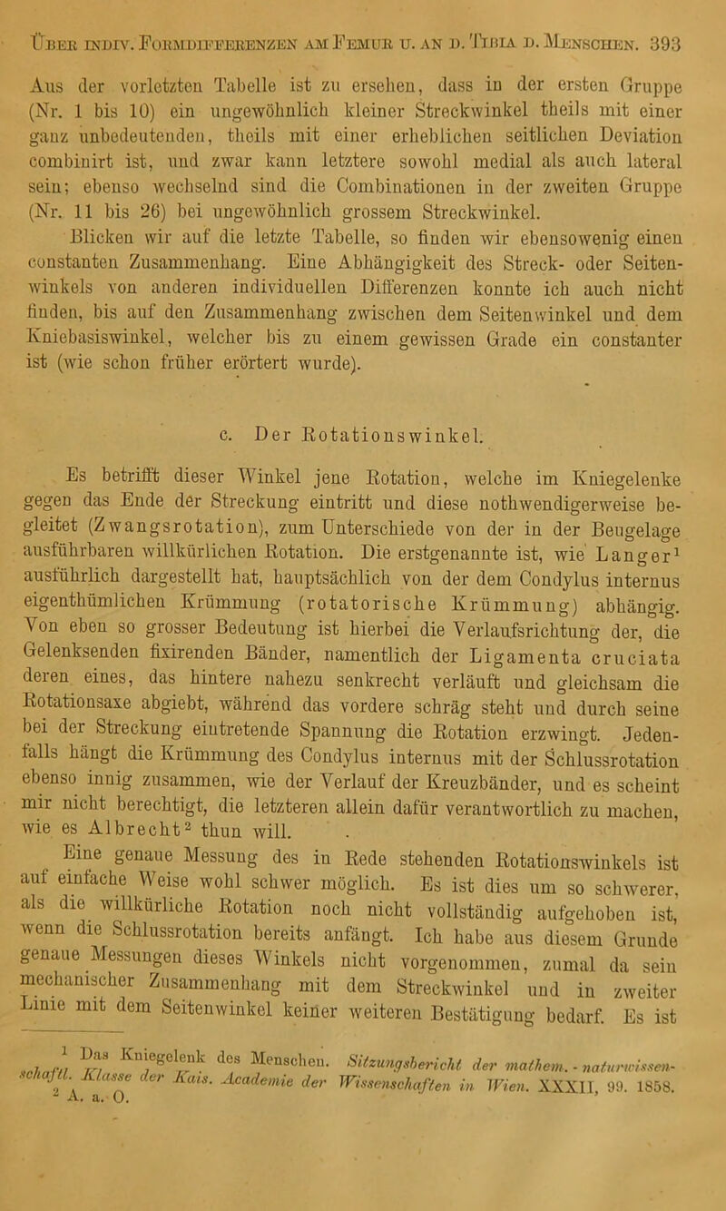 Aus der vorletzten Tabelle ist zu erselien, dass in der ersten Gruppe (Nr. 1 bis 10) ein ungewölmlicb kleiner Streckvvinkel theils mit einer ganz unbedeutenden, theils mit einer erheblichen seitlichen Deviation combiuirt ist, und zwar kann letztere sowohl medial als auch lateral sein; ebenso wechselnd sind die Combinationen in der zweiten Gruppe (Nr. 11 bis 26) bei ungewöhnlich grossem Streckwinkel. Blicken wir auf die letzte Tabelle, so finden wir ebensowenig einen constanten Zusammenhang. Eine Abhängigkeit des Streck- oder Seiten- winkels von anderen individuellen Differenzen konnte ich auch nicht finden, bis auf den Zusammenhang zwischen dem Seitenwinkel und dem Kniebasiswiukel, welcher bis zu einem gewissen Grade ein constanter ist (wie schon früher erörtert wurde). c. Der Kotationswinkel. Es betrifft dieser Winkel jene Eotatiou, welche im Kniegelenke gegen das Ende der Streckung eintritt und diese nothwendigerweise be- gleitet (Zwangsrotation), zum Unterschiede von der in der Beugelage ausführbaren willkürlichen Kotation. Die erstgenannte ist, wie' Langer^ ausführlich dargestellt hat, hauptsächlich von der dem Condylus internus eigenthümlichen Krümmung (rotatorische Krümmung) abhängig. Von eben so grosser Bedeutung ist hierbei die Veiiaufsrichtung der, die Gelenksenden fixirenden Bänder, namentlich der Ligamenta cruciata deren eines, das hintere nahezu senkrecht verläuft und gleichsam die Rotationsaxe abgiebt, während das vordere schräg steht und durch seine bei der Streckung eiutretende Spannung die Rotation erzwingt. Jeden- falls hängt die Krümmung des Condylus internus mit der Schlussrotation ebenso innig zusammen, wie der Verlauf der Kreuzbänder, und es scheint mir nicht berechtigt, die letzteren allein dafür verantwortlich zu machen, wie es Albrecht^ thun will. Eine genaue Messung des in Rede stehenden Rotationswinkels ist auf einfache Weise wohl schwer möglich. Es ist dies um so schwerer, als die willkürliche Rotation noch nicht vollständig aufgehoben ist, wenn die Schlussrotation bereits anfängt. Ich habe aus diesem Grunde genaue Messungen dieses Winkels nicht vorgenommen, zumal da sein mechanischer Zusammenhang mit dem Streckwinkel und in zweiter Lime mit dem Seitenwinkel keiner weiteren Bestätigung bedarf. Es ist 1 Das Kuiegelenk des Menscheu. Sitzunqshericht .tchaJH. Klasse der Kais. Academie der Wisse,ischafteii i. - A. a. 0. der mathem. - naturwissen- I. Wien. XXXII, 99. 1858.