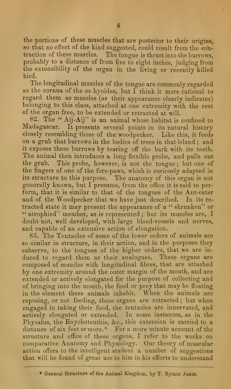 the portions of these muscles that are posterior to their origins, so that no effect of the kind suggested, could result from the con- traction of these muscles. The tongue is thrust into the burroAvs, probably to a distance of from five to eight inches, judging from the extensibility of the organ in the living or recently killed bird. The longitudinal muscles of the tongue are commonly regarded as the cornua of the os hyoides, but I think it more rational to regard them as muscles (as their appearance clearly indicates) belonging to this class, attached at one extremity with the rest of the organ free, to be extended or retracted at Avill. 82. The “ Aij-Aij” is an animal Avhose habitat is confined to Madagascar. It presents several points in its natural history closely resembling those of the woodpecker. Like this, it feeds on a grub that burrows in the bodies of trees in that island ; and it exposes these burrows by tearing off the bark with its teeth. The animal then introduces a long flexible probe, and pulls out the grub. This probe, however, is not the tongue; but one of the fingers of one of the fore-paws, which is curiously adapted in its structure to this purpose. The anatomy of this organ is not generally known, but I presume, from the office it is said to per- form, that it is similar to that of the tongues of the Ant-eater and of the Woodpecker that we have just described. In its re- tracted state it may present the appearance of a “ shrunken” or “ atrophied” member, as is represented; but its muscles are, I doubt not, well developed, with large blood-vessels and nerves, and capable of an extensive action of elongation. 83. The Tentacles of some of the loAver orders of animals are so similar in structure, in their action, and in the purposes they subserve, to the tongues of the higher orders, that Ave are in- duced to regard them as their analogues. These organs are composed of muscles with longitudinal fibres, that are attached by one extremity around the outer margin of the mouth, and are extended or actively elongated for the purpose of collecting and of bringing into the mouth, the food or prey that may be floating in the element these animals inhabit. When the animals are reposing, or not feeding, these organs are retracted; but Avhen engaged in taking their food, the tentacles are innervated, and actively elongated or extended. In some instances, as in the Physalus, the Enychoteuthis, &c., this extension is carried to a distance of six feetormore.* For a more minute account of the structure and office of these organs, I refer to the Avorks on comparative Anatomy and Physiology. Our theory of muscular action offers to the intelligent student a number of suggestions that will be found of great use to him in his efforts to understand Oonoral Structure of the Animal Kingdom, bj T. llymcr Jones,