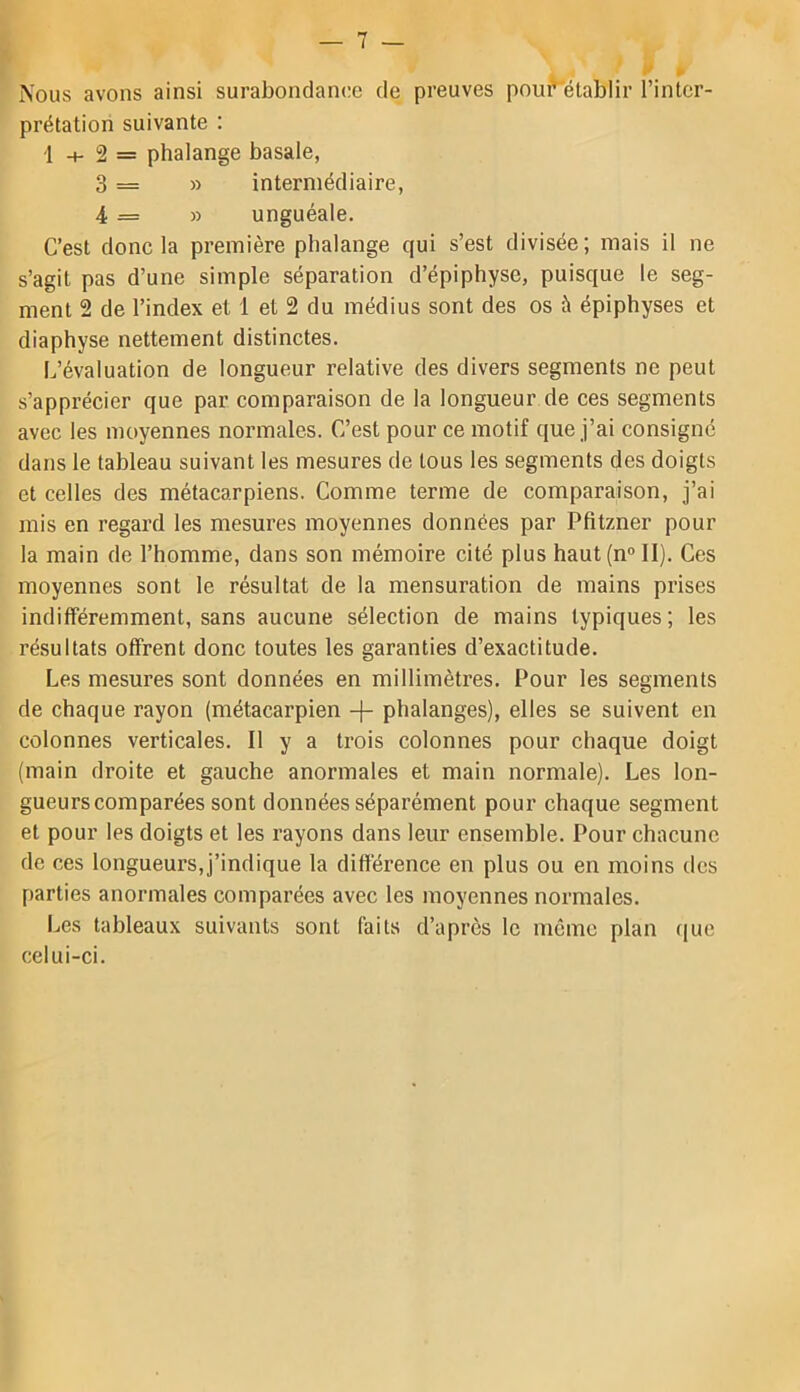 Nous avons ainsi surabondance de preuves poui^élablir l’inter- prétation suivante : 1 + 2 = phalange basale, 3 = » intermédiaire, 4 = » unguéale. C’est donc la première phalange qui s’est divisée; mais il ne s’agit pas d’une simple séparation d’épiphyse, puisque le seg- ment 2 de l’index et 1 et 2 du médius sont des os à épiphyses et diaphyse nettement distinctes. L’évaluation de longueur relative des divers segments ne peut s’apprécier que par comparaison de la longueur de ces segments avec les moyennes normales. C’est pour ce motif que j’ai consigne dans le tableau suivant les mesures de tous les segments des doigts et celles des métacarpiens. Comme terme de comparaison, j’ai mis en regard les mesures moyennes données par Pfitzner pour la main de l’homme, dans son mémoire cité plus haut(n“ II). Ces moyennes sont le résultat de la mensuration de mains prises indifféremment, sans aucune sélection de mains typiques ; les résultats offrent donc toutes les garanties d’exactitude. Les mesures sont données en millimètres. Pour les segments de chaque rayon (métacarpien + phalanges), elles se suivent en colonnes verticales. Il y a trois colonnes pour chaque doigt (main droite et gauche anormales et main normale). Les lon- gueurs comparées sont données séparément pour chaque segment et pour les doigts et les rayons dans leur ensemble. Pour chacune de ces longueurs,j’indique la différence en plus ou en moins des parties anormales comparées avec les moyennes normales. Les tableaux suivants sont faits d’après le moine plan que celui-ci.