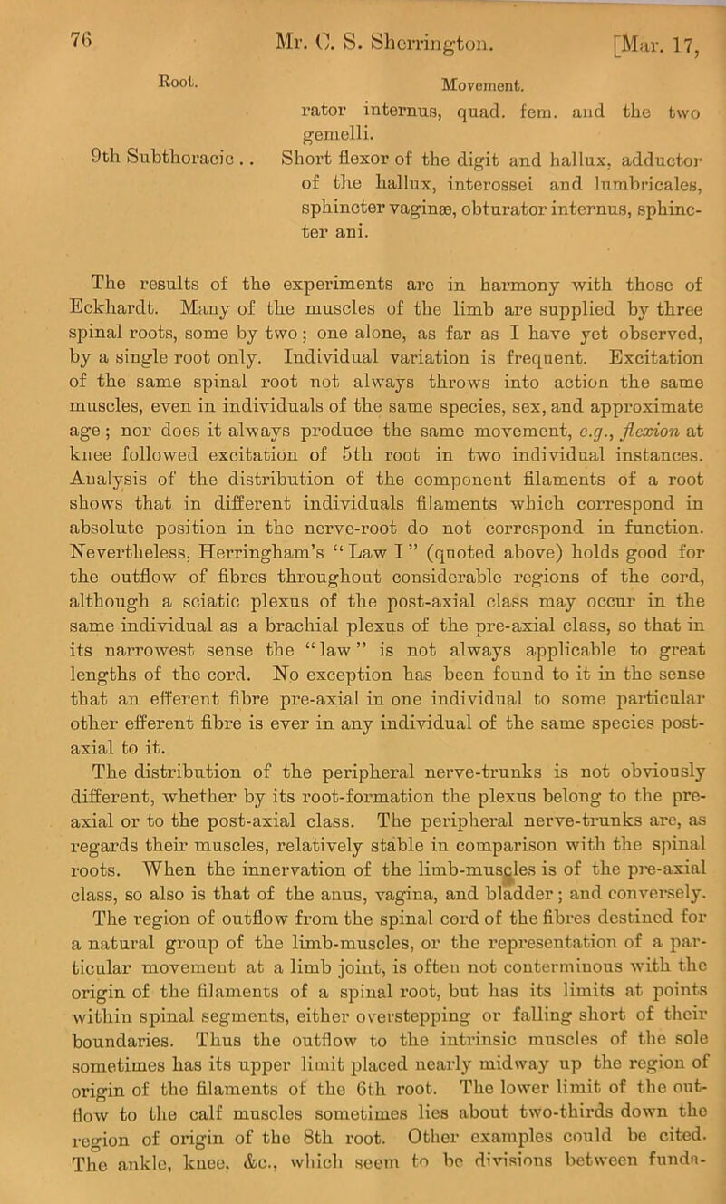 Movement. rator internus, quad. fern, and the two gemelli. Short flexor of the digit and hallux, adductor of the hallux, interossei and lumbricales, sphincter vaginae, obturator internus, sphinc- ter ani. The results of the experiments are in harmony with those of Eckhardt. Many of the muscles of the limb are supplied by three spinal roots, some by two; one alone, as far as I have yet observed, by a single root only. Individual variation is frequent. Excitation of the same spinal root not always throws into action the same muscles, even in individuals of the same species, sex, and approximate age ; nor does it always produce the same movement, e.g., flexion at knee followed excitation of 5th root in two individual instances. Analysis of the distribution of the component filaments of a root shows that in different individuals filaments which correspond in absolute position in the nerve-root do not correspond in function. Nevertheless, Herringham’s “ Law I ” (quoted above) holds good for the outflow of fibres throughout cousiderable regions of the cord, although a sciatic plexus of the post-axial class may occur in the same individual as a brachial plexus of the pre-axial class, so that in its narrowest sense the “law” is not always applicable to great lengths of the cord. No exception has been found to it in the sense that an efferent fibre pre-axial in one individual to some particular other efferent fibre is ever in any individual of the same species post- axial to it. The distribution of the peripheral nerve-trunks is not obviously different, whether by its root-formation the plexus belong to the pre- axial or to the post-axial class. The peripheral nerve-ti-unks are, as regards their muscles, relatively stable in comparison with the spinal roots. When the innervation of the limb-musgles is of the pi-e-axial class, so also is that of the anus, vagina, and bladder; and conversely. The region of outflow from the spinal cord of the fibres destined for a natural group of the limb-muscles, or the representation of a par- ticular movement at a limb joint, is often not coutermiuous with the origin of the filaments of a spinal root, but has its limits at points within spinal segments, either overstepping or falling short of their boundaries. Thus the outflow to the intrinsic muscles of the sole sometimes has its upper limit placed nearly midway up the region of origin of the filaments of the 6th root. The lower limit of the out- flow to the calf muscles sometimes lies about two-thirds down the region of origin of the 8th root. Other examples could be cited. The ankle, knee. &c., which seem to bo divisions between funda- Root. 9th Subthoracic ..