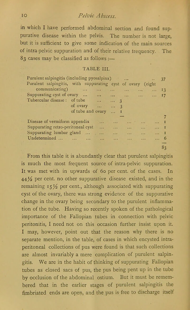 in which I have performed abdominal section and found sup- purative disease within the pelvis. The number is not large, but it is sufficient to give some indication of the main sources of intra-pelvic suppuration and of their relative frequency. The 83 cases may be classified as follows :— TABLE III. Purulent salpingitis (including pyosalpinx) Purulent salpingitis, with suppurating cyst of ovary (eight communicating) Suppurating cyst of ovary ... Tubercular disease : of tube ... ... 3 of ovary ... ... 3 of tube and ovary ... i Disease of vermiform appendix Suppurating retro-peritoneal cyst Suppurating lumbar gland ... ... Undetermined ... 37 13 17 7 I I I 6 83 From this table it is abundantly clear that purulent salpingitis is much the most frequent source of intra-pelvic suppuration. It was met with in upwards of 60 per cent, of the cases. In 44^ per cent, no other suppurative disease existed, and in the remaining 15^ per cent., although associated with suppurating cyst of the ovary, there was strong evidence of the suppurative change in the ovary being secondary to the purulent inflamma- tion of the tube. Having so recently spoken of the pathological importance of the Fallopian tubes in connection with pelvic peritonitis, I need not on this occasion further insist upon it. I may, however, point out that the reason why there is no separate mention, in the table, of cases in which encysted intra- peritoneal collections of pus were found is that such collections are almost invariably a mere complication of purulent salpin- gitis. We are in the habit of thinking of suppurating Fallopian tubes as closed sacs of pus, the pus being pent up in the lube by occlusion of the abdominal ostium. But it must be remem- bered that in the earlier stages of purulent salpingitis the fimbriated ends are open, and the pus is free to discharge itself