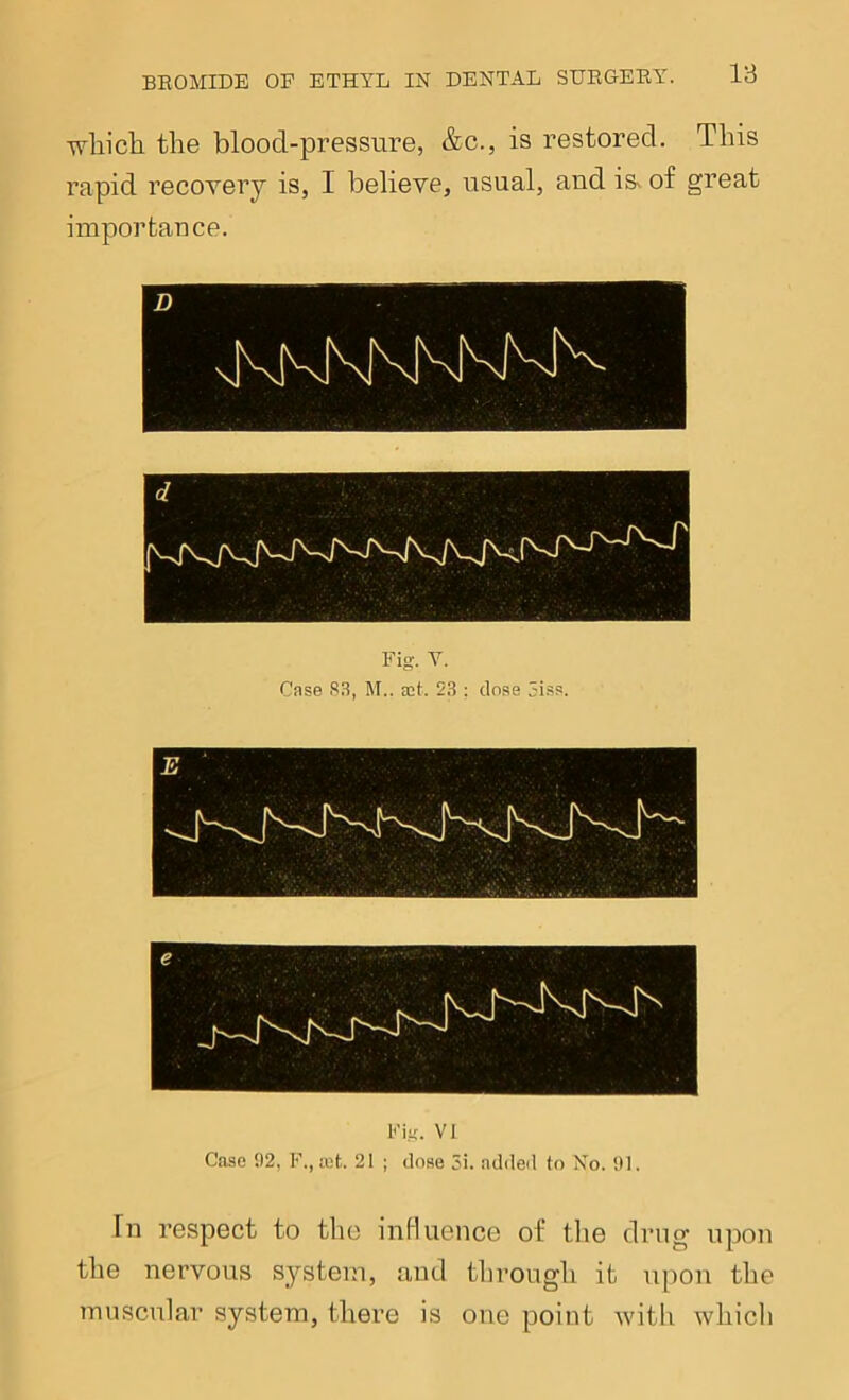 ivliicli the blood-pressure, &c., is restored. This rapid recovery is, I believe, usual, and is^ of great importaDce. D xKNKNNM^ Fig. V. Case .*53, M.. act. 23 ; close Si.ss. Fig. VI Case 02, F., tct. 21 ; dose 5i. added to No. 01. In respect to the influence of the drug upon the nervous system, and tlirough it upon the muscular system, there is one point with which