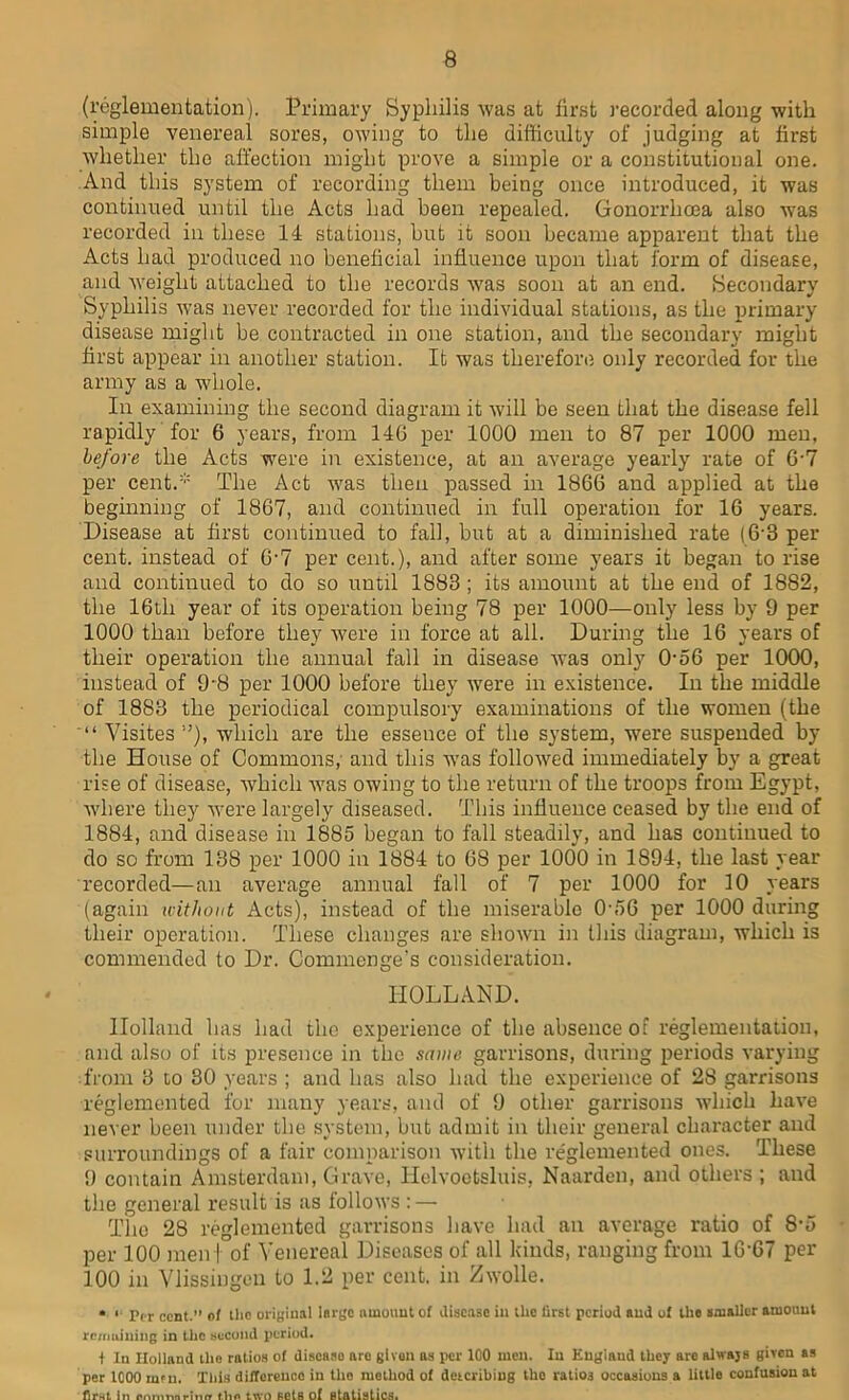 (reglementation). Primary Syphilis was at first recorded along with simple venereal sores, owing to the difficulty of judging at first whether the affection might prove a simple or a constitutional one. And this system of recording them being once introduced, it was continued until the Acts had been repealed. Gonorrhoea also was recorded in these 14 stations, but it soon became apparent that the Acts had produced no beneficial influence upon that form of disease, and weight attached to the records was soon at an end. Secondary Syphilis was never recorded for the individual stations, as the primary disease might be contracted in one station, and the secondary might first appear m another station. It was therefore only recorded for the army as a whole. In examining the second diagram it will be seen that the disease fell rapidly for 6 years, from 146 per 1000 men to 87 per 1000 men, before the Acts were in existence, at an average yearly rate of 67 per cent.* The Act was then passed in 1866 and applied at the beginning of 1867, and continued in full operation for 16 years. Disease at first continued to fall, but at a diminished rate (6*3 per cent, instead of 6'7 per cent.), and after some years it began to rise and continued to do so until 1883 ; its amount at the end of 1882, the 16tli year of its operation being 78 per 1000—only less by 9 per 1000 than before they were in force at all. During the 16 years of their operation the annual fall in disease was only 0'56 per 1000, instead of 9'8 per 1000 before they were in existence. In the middle of 1883 the periodical compulsory examinations of the women (the “ Visites ”), which are the essence of the system, were suspended by the House of Commons,' and this was followed immediately by a great rise of disease, which was owing to the return of the troops from Egypt, where they were largely diseased. This influence ceased by the end of 1884, and disease in 1885 began to fall steadily, and has continued to do so from 138 per 1000 in 1884 to 68 per 1000 in 1894, the last year recorded—an average annual fall of 7 per 1000 for 10 years (again without Acts), instead of the miserable 056 per 1000 during their operation. These changes are shown in this diagram, which is commended to Dr. Commenge's consideration. HOLLAND. Holland has had the experience of the absence of reglementation, and also of its presence in the same garrisons, during periods varying from 3 to 30 years ; and has also had the experience of 28 garrisons reglemented for many years, and of 9 other garrisons which have never been under the system, but admit in their general character and surroundings of a fair comparison with the reglemented ones. These 9 contain Amsterdam, Grave, Helvoetsluis, Naarden, and others ; and the general result is as follows :—• The 28 reglemented garrisons have had an average ratio of 8-5 per 100 men | of Venereal Diseases of all kinds, ranging from 16'67 per 100 in Vlissingen to 1.2 per cent, in Zwolle. * 1 Per cent.” of the original large amount of disease in the first period and of the smaller amount remaining in the second period. t In Holland the ratios of discaso are given as per 100 men. In Eugiaud they are always given as per 1000 men. This difference in the method of deicribiug the ratios occasions a little confusion at In p.nnmnrmrr the two sets of statistics.