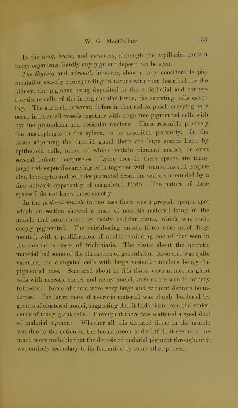 In tlie lung, brain, and 'pancreas, although the capillaries contain many organisms, hardly any pigment deposit can he seen. The thyroid and adrenal, however, show a very considerable pig- mentation exactly corresponding in nature with that described for the kidney, the pigment being deposited in the endothelial and connec- tive-tissue cells of the interglandular tissue, the secreting cells escap- ing. The adrenal, however, differs in that red-corpuscle-carrying cells occur in its small vessels together with large free pigmented cells with hyaline protoplasm and vesicular nucleus. These resemble precisely the macrophages in the spleen, to be described presently. In the tissue adjoining the thyroid gland there are large spaces lined by epithelioid cells, many of which contain pigment masses, or even several infected corpuscles. Lying free in these spaces are many large red-corpuscle-carrying cells together with numerous red corpus- cles, leucocytes and cells desquamated from the walls, surrounded by a fine network apparently of coagulated fibrin. The nature of these spaces I do not know more exactly. In the pectoral muscle in one case there was a greyish opaque spot which on section showed a mass of necrotic material lying in the muscle and surrounded by richly cellular tissue, which was quite deeply pigmented. The neighboring muscle fibres were much frag- mented, with a proliferation of nuclei reminding one of that seen in the muscle in cases of trichiniasis. The tissue about the necrotic material had some of the characters of granulation tissue and was quite vascular, the elongated cells with large vesicular nucleus being the pigmented ones. Scattered about in this tissue were numerous giant cells with uecrotic centre and many nuclei, such as are seen in miliary tubercles. Some of these were very large and without definite boun- daries. The large mass of necrotic material was closely bordered by groups of clustered nuclei, suggesting that it had arisen from the coales- cence of many giant cells. Through it there wras scattered a good deal of malarial pigment. Whether all this diseased tissue in the muscle was due to the action of the hsematozoon is doubtful; it seems to me much more probable that the deposit of malarial pigment throughout it was entirely secondary to its formation by some other process.