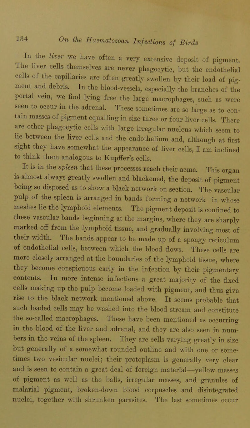 In the livei we have often a very extensive deposit of pigment. J he liver cells themselves are never phagocytic, but the endothelial cells of the capillaries are often greatly swollen by their load of pig- ment and debris. In the blood-vessels, especially the branches of the poital vein, we find lying free the large macrophages, such as were seen to occur m the adrenal. These sometimes are so large as to con- tain masses of pigment equalling in size three or four liver cells. There are other phagocytic cells with large irregular nucleus which seem to lie between the liver cells and the endothelium and, although at first sight they have somewhat the appearance of liver cells, I am inclined to think them analogous to Kupffer’s cells. It is in the spleen that these processes reach their acme. This organ is almost always greatly swollen and blackened, the deposit of pigment being so disposed as to show a black network on section. The vascular pulp of the spleen is arranged in bands forming a network in whose meshes lie the lymphoid elements. The pigment deposit is confined to these vascular bands beginning at the margins, where they are sharply marked off from the lymphoid tissue, and gradually involving most of their width. The hands appear to be made up of a spongy reticulum of endothelial cells, between which the blood flows. These cells are more closely arranged at the boundaries of the lymphoid tissue, where they become conspicuous early in the infection by their pigmentary contents. In more intense infections a great majority of the fixed cells making up the pulp become loaded with pigment, and thus give rise to the black network mentioned above. It seems probable that such loaded cells may be washed into the blood stream and constitute the so-called macrophages. These have been mentioned as occurring in the blood of the liver and adrenal, and they are also seen in num- bers in the veins of the spleen. They are cells varying greatly in size but generally of a somewhat rounded outline and with one or some- times two vesicular nuclei; their protoplasm is generally very clear and is seen to contain a great deal of foreign material—yellow masses of pigment as well as the balls, irregular masses, and granules of malarial pigment, broken-down blood corpuscles and disintegrated nuclei, together with shrunken parasites. The last sometimes occur