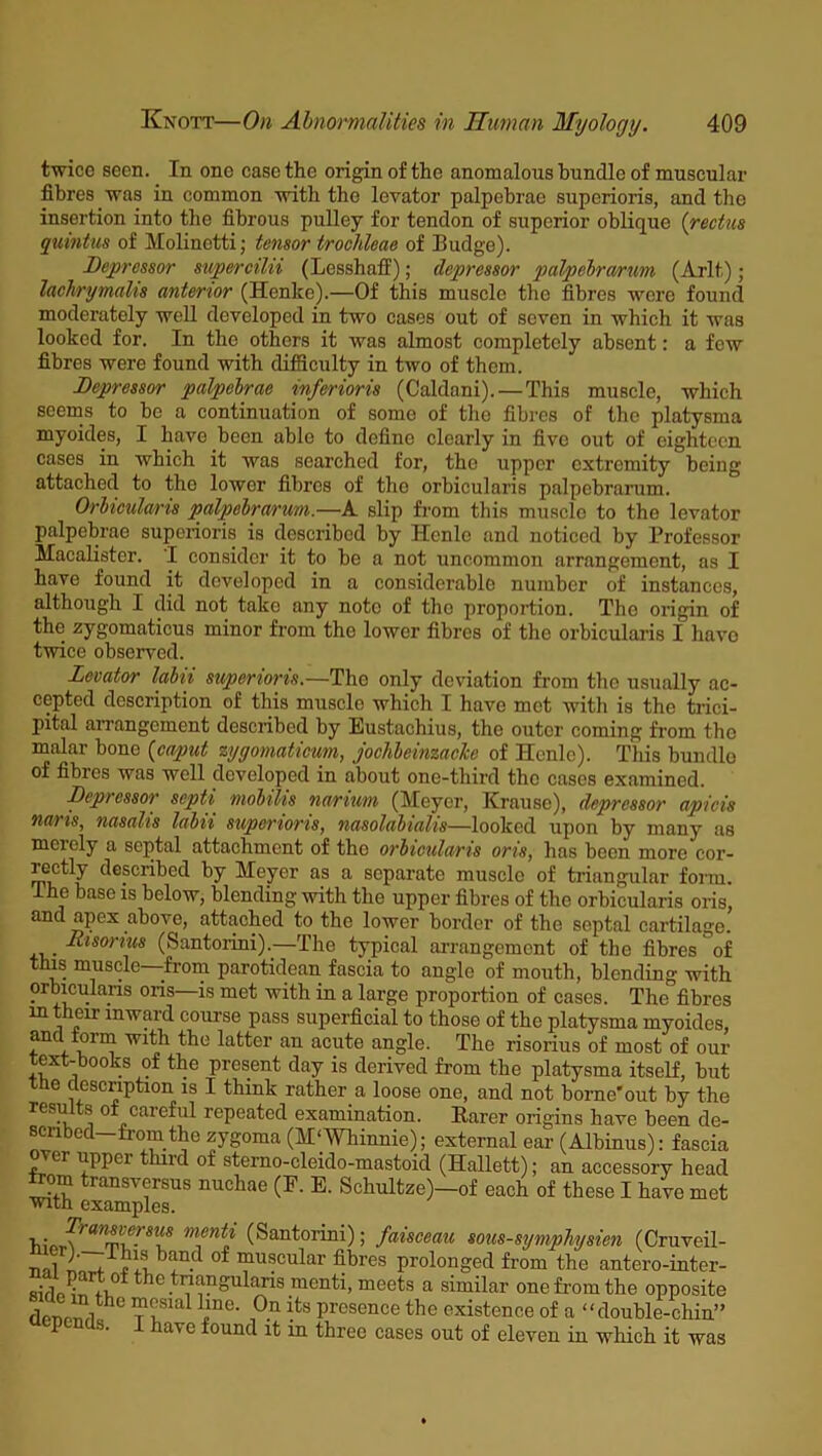twice seen. In one case the origin of the anomalous bundle of muscular fibres was in common with the levator palpebrae superioris, and the insertion into the fibrous pulley for tendon of superior oblique (rectus quintus of Molinetti; tensor troclileae of Budge). Depressor supercilii (Lesshaff); depressor palpebrarum (Arlt); laobrymalis anterior (Henke).—Of this muscle the fibres were found moderately well developed in two cases out of seven in which it was looked for. In the others it was almost completely absent: a few fibres were found with difficulty in two of them. Depressor palpebrae inferioris (Caldani).—This muscle, which seems to be a continuation of some of the fibres of the platysma myoides, I have been able to defino clearly in five out of eighteen cases in which it was searched for, the upper extremity being attached to the lower fibres of the orbicularis palpebrarum. Orbicularis palpebrarum.—A slip from this muscle to the levator palpebrae superioris is described by Hcnlo and noticed by Professor Macalister. I consider it to be a not uncommon arrangement, as I have found it developed in a considerable number of instances, although I did not take any noto of the proportion. The origin of the zygomaticus minor from the lower fibres of the orbicularis I have twice observed. Levator labii superioris.—The only deviation from the usually ac- cepted description of this musclo which I have met with is the trici- pital arrangement described by Eustachius, the outer coming from the malar bone {caput zygomaticum, jochbeinzaclcc of Henlc). This bundlo of fibres was well developed in about one-tliird the cases examined. Depi cssor septi niobtlis narium (Meyer, Krause), depressor apicis nans, nasalis labii superioris, nasolabialis—looked upon by many as merely a septal attachment of the orbicularis oris, has been more cor- rectly described by Meyer as a separate muscle of triangular form. Iho base is below, blending with the upper fibres of the orbicularis oris, and apex above, attached to the lower border of the septal cartilage. Risorius (Santorini).—The typical arrangement of the fibres of this muscle—from parotidean fascia to angle of mouth, blending with orbicularis oris—is met with in a large proportion of cases. The fibres in their inward course pass superficial to those of the platysma myoides, and iorm with the latter an acute angle. The risorius of most of our text-books of the present day is derived from the platysma itself, but the description is I think rather a loose one, and not borne'out by the results of careful repeated examination. Barer origins have been de- scribed-from the zygoma (M'Whinnie); external ear (Albinus): fascia vq iippci tmd of sterno-cleido-mastoid (Hallett); an accessory head rtom transversus nuchae (F. E. Schultze)-of each of these I have met tnth examples. mJntJ (Santorini) 5 faisceau sous-symphysien (Cruveil- m,l °f ocular fibres prolonged from the antero-inter- ,,° c triangularis menti, meets a similar one from the opposite denrWi G ??slal 1!ne' 10n its presence the existence of a “double-chin” uepends. I have found it in three cases out of eleven in which it was