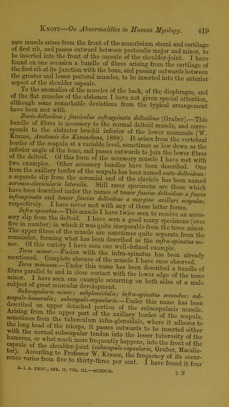rare muscle arises from the front of the manubrium sterni and cartilage of first rib, and passes outward between pectoralis major and minor to bo inserted into the front of the capsule of the shoulder-joint. I have found on one occasion a bundle of fibres arising from the cartilage of the first rib at its junction with the bone, and passing outwards between the greater and lesser pectoral muscles, to be inserted into the anterior- aspect of the shoulder capsule. To the anomalies of tho muscles of the back, of the diaphragm, and of the flat muscles of the abdomen I have not given special attention although some remarkablo deviations from the typical arrangement have been met with. Basio-deltoideus; fasciculus infraspinata deltoideus (Gruber) —This bundle of fibres is accessory to the normal deltoid muscle and corre- sponds to the abductor brachii inferior of the lower mammals CW Krause, Anatomic des Kaninchens, 1868). It arises from tiro vertebrai border of the scapula at a variable level, sometimes as low down as tho interior angle of the bone, and passes outwards to join tho lower fibres of the deltoid. Of this form of tho accessory muscle I have met with two examples. Other accessory bundles have been described. One from the axillary border of the scapula has been named costo-deltoideus ■ a separate slip from the acromial end of the clavicle has been named acronuo-claviculans lateralis. Still rarer specimens are thoso which have been described under the names of tensor fasciae deltoideae a fascia infraspinata and. tensor fasciae deltoideae a margine axillari scapulae respectively. I have never met with any of these latter forms. * ’ Infraspinatus.—his muscle I have twice seen to receive an acces- sory slip from the deltoid. I have seen a good many specimens (over The U7I11Ch lfc TS <1Uit° inscParal)lc fl'om Oie tores minor, o uppei fibres of tho muscle are sometimes quite separate from the Mo?aUOff> f°rmin8f T1? has becn desci-ibed as the infraspinatus mi- nor. Of this variety I have seen one well-defined example Teres minor. Fusion with the infra-spinatus has been alreadv mentioned. Complete absence of the muscle I have once observed1 ^ Teres minimus.—Under this name has been described a bundle of S?rParn t0 and m close contact with the lower edge of the teres mmoi I have seen one example occurring on both sides of a main subject of great muscular development scamtZtZt MiT: m^oidalis; infraspinatus secundus; sub- scapuio-himerahs; sulscapulo-capsularis.—Under this nnmo n toenbed an upper defied portion „« Z'ent^p^,'tuscle Ansmg from the upper part of the axillary border of ?he 2' th?i?men frCJD\7° tuberculum mfra-glenoidale, where it adheres to with Cad of the triceps, it passes outwards to be inserted either with the normal subseapular tendon into the lesser tuberoritf S cmSSe Sof° thlhah “n11 m°reff/e(1Uently haPPens> into the front of the teJ).^ AcLrding^Prnf30mt {™h™aPul°-caI™l*ris, Gruber, Macalis- m I. A. PROC., SEU. II. VOL. III.—science. 2 jy