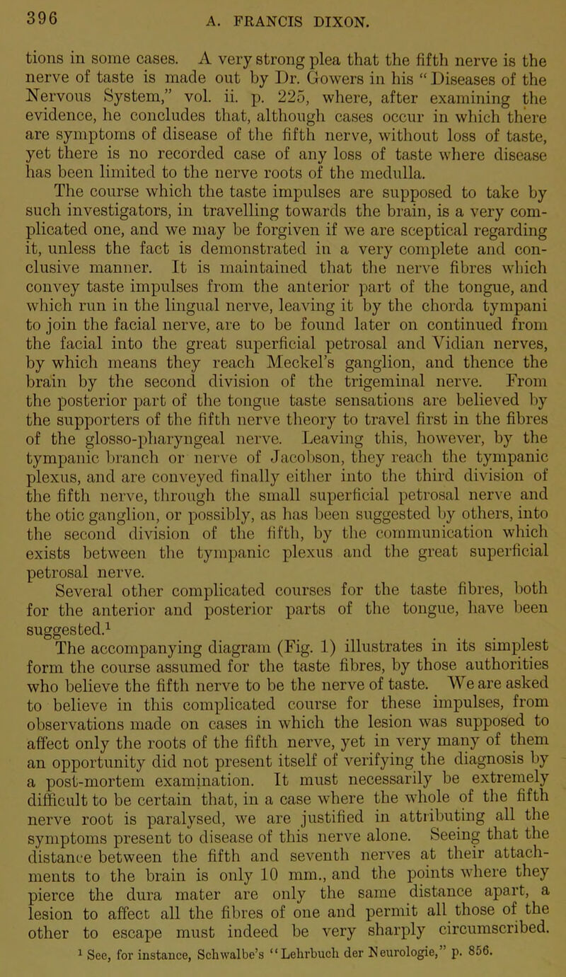 tions in some cases. A very strong plea that the fifth nerve is the nerve of taste is made out by Dr. Gowers in Ins “ Diseases of the Nervous System,” vol. ii. p. 225, where, after examining the evidence, he concludes that, although cases occur in which there are symptoms of disease of tlie fifth nerve, without loss of taste, yet there is no recorded case of any loss of taste where disease has been limited to the nerve roots of the medulla. The course which the taste impulses are supposed to take by such investigators, in travelling towards the brain, is a very com- plicated one, and we may be forgiven if we are sceptical regarding it, unless the fact is demonstrated in a very complete and con- clusive manner. It is maintained tliat the nerve fibres wliich convey taste impulses from the anterior part of the tongue, and which run in the lingual nerve, leaving it by the chorda tympani to join the facial nerve, are to be found later on continued from the facial into the great superficial petrosal and Vidian nerves, by which means they reach Meckel’s ganglion, and thence the brain by the second division of the trigeminal nerve. From the posterior part of the tongue taste sensations are believed by the supporters of the fiftli nerve theory to travel first in the fibres of the glosso-pharyngeal nerve. Leaving this, however, by the tympanic branch or nerve of Jacol)Son, they reach the tympanic plexus, and are conveyed finally either into tlie third division of the fifth nerve, tlirough the small superficial petrosal nerve and the otic ganglion, or possibly, as lias been suggested by others, into the second division of the fifth, by the communication which exists between tlie tympanic plexus and the great superficial petrosal nerve. Several other complicated courses for the taste fibres, both for the anterior and posterior parts of the tongue, have been suggested.^ The accompanying diagram (Fig. 1) illustrates in its simplest form the course assumed for the taste fibres, by those authorities who believe the fifth nerve to be the nerve of taste. We are asked to believe in this complicated course for these impulses, from observations made on cases in which the lesion was supposed to affect only the roots of the fifth nerve, yet in very many of them an opportunity did not present itself of verifying the diagnosis by a post-mortem examination. It must necessarily be extremely difficult to be certain that, in a case where the whole of the fifth nerve root is paralysed, we are justified in attributing all the symptoms present to disease of this nerve alone. Seeing that the distance between the fifth and seventh nerves at their attach- ments to the brain is only 10 mm., and the points where they pierce the dura mater are only the same distance apart, a lesion to affect all the fibres of one and permit all those of the other to escape must indeed be very sharply circumscribed. ^ See, for instance, Schwalbe’s “Lehrbuch der Neurologie,” p. 856.