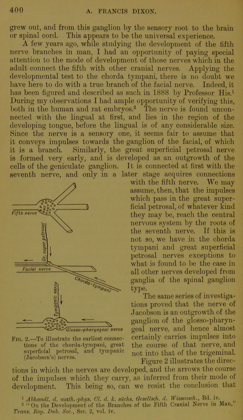 grew out, and from this ganglion by the sensory root to the brain or spinal cord. This appears to be the universal experience. A few years ago, while studying the development of the fifth nerve branches in man, I had an opportunity of paying special attention to the mode of development of those nerves which in the adult connect the fifth with other cranial nerves. Applying the developmental test to the chorda tympani, there is no doubt we have here to do with a true branch of the facial nerve. Indeed, it has been figured and described as such in 1888 by Professor His.^ During my observations I had ample opportunity of verifying this, both in the human and rat embryos.^ The nerve is found uncon- nected with the lingual at first, and lies in the region of the developing tongue, before the lingual is of any considerable size. Since the nerve is a sensory one, it seems fair to assume that it conveys impulses towards the ganglion of the facial, of which it is a branch. Similarly, the great superficial petrosal nerve is formed very early, and is developed as an outgrowth of the cells of the geniculate ganglion. It is connected at first with the seventh nerve, and only in a later stage acquires connections with the fifth nerve. We may assume, then, that the impulses which pass in the great super- ficial petrosal, of whatever kind they may be, reach the central nervous system by the roots of the seventh nerve. If this is not so, we have in the chorda tympani and great superficial petrosal nerves exceptions to what is found to be the case in all other nerves developed from ganglia of the spinal ganglion type. The same series of investiga- tions proved that the nerve of Jacobson is an outgrowth of the ganglion of the glosso-pharyn- geal nerve, and hence almost certainly carries impulses into tion.s of the chorda-tympaiii, great the course of that nerve, and superficial petrosal, and tympanic j-pg trigeminal. ( aco son s) neives. Figure 2 illustrates the direc- tions in which the nerves are developed, and the arrows the course of the impulses which they carry, as inferred from their mode of development. This being so, can we resist the conclusion that ^ Abhnndl. d. math.-phys. Cl. d. k. sdchs. Oesellsch. d. Wissevsch., Bd. iv. - “On the Development of the Branches of tlie Fifth Cranial Nerve in Man, Trans. Roy. Bub. Soc., Ser. 2, vol. iv. Fig. 2.—To illustrate the earliest connec-