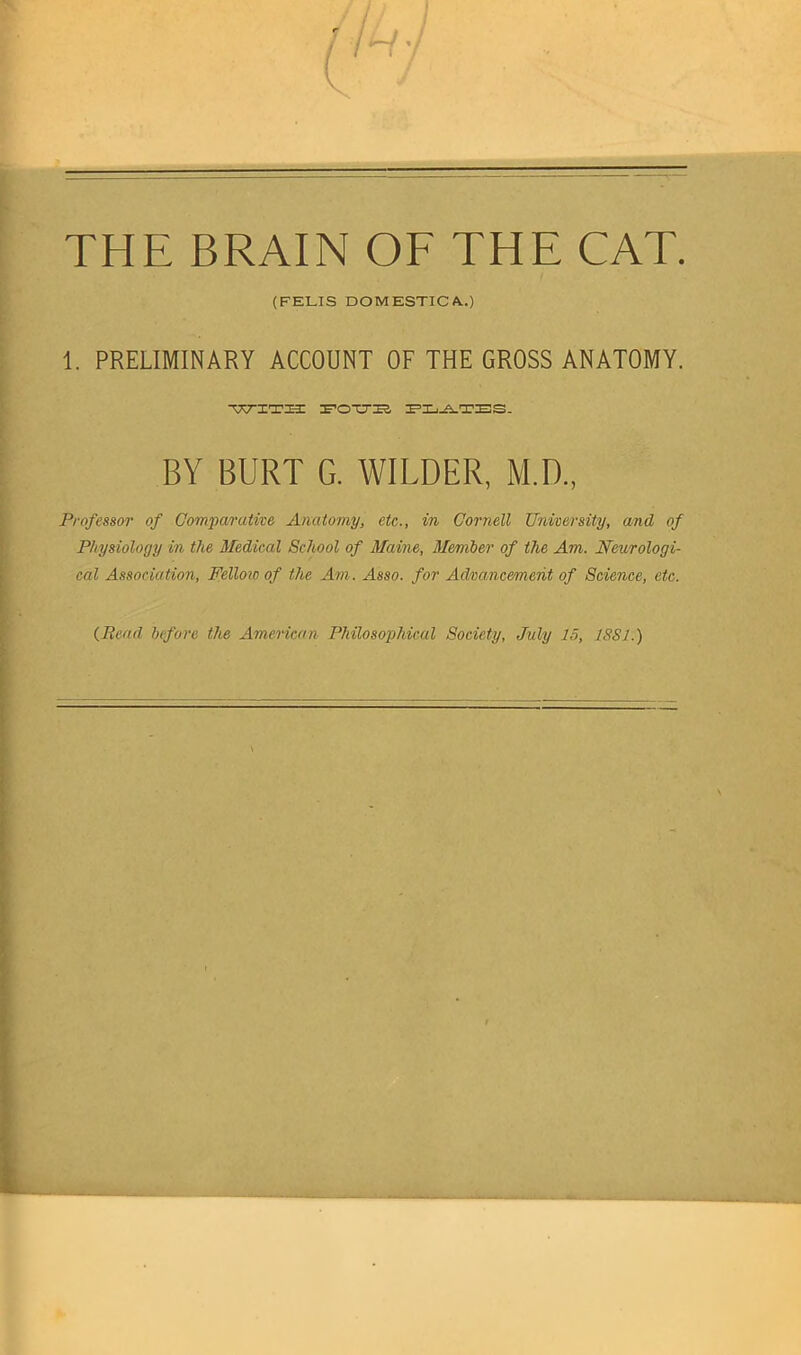 THE BRAIN OF THE CAT. (FELIS DOMESTICA..) 1. PRELIMINARY ACCOUNT OF THE GROSS ANATOMY. ■WITH T’OXTH T’Ij^TTIS. BY BURT G. WILDER, M.D., Professor of Gompa/rative Anatomy, etc., in Cornell University, and of Physiology in the Medical School of Maine, Member of the Am. Neurologi- cal Association, Fellow of the Am. Asso. for Advancement of Science, etc. {Read before the American Philosophical Society, July 15, 18S1.)