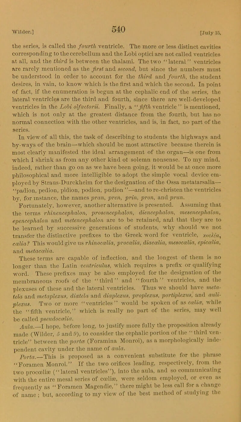 540 the series, is called the fourth, ventricle. The more or less distinct cavities corresponding to the cerebellum and the Lobi o[)tici are not called ventricles at all, and the third is between the thalami. The two “lateral” ventricles are rarely mentioned as the first and second, but since the numbers must be understood in order to account for the third and fourth, the student desires, in vain, to know which is the first and wliich the second. In point of fact, if the enumeration is begun at the cephalic end of the series, the lateral ventricles are the third and fourth, since there are well-developed ventricles in the Ldbi olfactorii. Finally, a “fifth ventricle ” is mentioned, which is not only at the greatest distance from the fourth, but has no normal connection with the other ventricles, and is, in fact, no part of the series. In view of all this, the task of describing to students the highways and by-ways of the brain—which should be most attractive because therein is most clearly manifested the ideal arrangement of the organ—’is one from which I shrink as from any other kind ot solemn nonsense. To my mind, indeed, rather than go on as we have been going, it would be at once more philosophical and more intelligible to adopt the simple vocal device em- ployed by Straus-Durckheim for the designation of the Ossa metatarsalia— “padion, pedion, pidion, podion, pudion ”—and to re-christen the ventricles by, for instance, the names jircw, prin, pron, &nAprun. Fortunately, however, another alternative is presented. Assuming that the terms rhinencephalon, prosencephalon, diencephalon, mesencephalon, epencephalon and metencephalon are to be retained, ami that they are to be learned by successive generations of students, why should we not transfer the distinctive prefixes to the Greek word for ventricle, ccelia? This would give us rhinocoelia, proceelia, diacodia, mesocedia, epicedin, and metacadia. These terms are capable of inflection, and the longest of them is no longer than the Latin rentriculus, which requires a prefix or qualifying word. These prefixes may be also employed for the designation of the membraneous roofs of the “third” and “fourth” ventricles, and the plexuses of these and the lateral ventricles. Thus we should have meta- tela and metaplexus, diatela and diap)lexus, proplexus, portiplexus, and auli- plexus. Two or more “ventricles” would be spoken of as while the “fifth ventricle,” Avhich is really no part of the series, may well be called pseudoc(P,lia. Aula.-—I hope, before long, to justify more fully the proposition already made (Wilder, 5 and .9), to consider the cephalic portion of the “ third ven- tricle” hetween the portev, (Foramina iMonroi), as a morphologically inde- pendent cavity under the name of aula. Porta.—This is proposed as a convenient substitute for the phrase “Foramen Monroi.” If the two orifices leading, respectively, from the two prococlitc (“lateral ventricles”), into the aula, and so communicating Avith the entire mesal series of cnfliie, Avere seldom cmifloyed, or ca'cii as frequently as “Foramen Magendie,” there might be less call for a change of name ; but, according to my view of the best method of .studying the