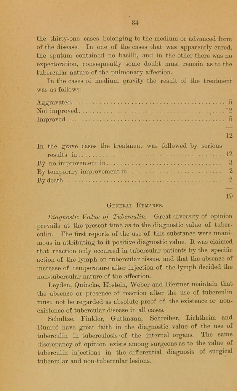 the thirty-one cases belonging to the medium or advanced form of the disease. In one of the cases that was apparently cured, the sputum contained no bacilli, and in the other there was no expectoration, consequently some doubt must remain as to the tubercular nature of the pulmonary affection. In the cases of medium gravity the result of the treatment was as follows: Aggravated 5 Not improved .....' 2 Improved 5 12 In the grave cases the treatment was followed by serious results in 12 By no improvement in 3 By temporary improvement in By death Genebal Remaeks. 19 Diagnostic Value of Tuberculin. Great diversity of opinion prevails at the present time as to the diagnostic value of tuber- culin. The first reports of the use of this substance were unani- mous in attributing to it positive diagnostic value. It was claimed that reaction only occurred in tubercular patients by the specific action of the lymph on tubercular tissue, and that the absence of increase of temperature after injection of the lymph decided the non-tubercular nature of the affection. Leyden, Quincke, Ebstein, Weber and Biermer maintain that the absence or presence of reaction after the use of tuberculin must not be regarded as absolute proof of the existence or non- existence of tubercular disease in all cases. Schultze, Finkler, Guttmann, Schreiber, Lichtheim and Rumpf have great faith in the diagnostic value of the use of tuberculin in tuberculosis ■ of the internal organs. The same discrepancy of opinion exists among surgeons as to the value of tuberculin injections in the differential diagnosis of surgical tubercular and non-tubercular lesions.