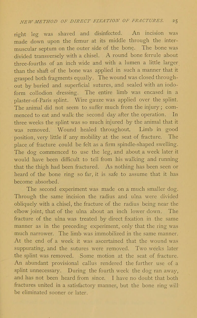 right leg was shaved and disinfected. An incision was made down upon the femur at its middle through the inter- muscular septum on the outer side of the bone. The bone was divided transversely with a chisel. A round bone ferrule about three-fourths of an inch wide and with a lumen a little larger than the shaft of the bone was applied in such a manner that it grasped both fragments equally. The wound was closed through- out by buried and superficial sutures, and sealed with an iodo- form collodion dressing. The entire limb was encased in a plaster-of-Paris splint. Wire gauze was applied over the splint. The animal did not seem to suffer much from the injury; com- menced to eat and walk the second day after the operation. In three weeks the splint was so much injured by the animal that it was removed. Wound healed throughout. Limb in good position, very little if any mobility at the seat of fracture. The place of fracture could be felt as a firm spindle-shaped swelling. The dog commenced to use the leg, and about a week later it would have been difficult to tell from his walking and running that the thigh had been fractured. As nothing has been seen or heard of the bone ring so far, it is safe to assume that it has become absorbed. The second experiment was made on a much smaller dog. Through the same incision the radius and ulna were divided obliquely with a chisel, the fracture of the radius being near the elbow joint, that of the ulna about an inch lower down. The fracture of the ulna was treated by direct fixation in the same manner as in the preceding experiment, only that the ring was much narrower. The limb was immobilized in the same manner. At the end of a week it was ascertained that the wound was suppurating, and the sutures were removed. Two weeks later the splint was removed. Some motion at the seat of fracture. An abundant provisional callus rendered the further use of a splint unnecessary. During the fourth week the dog ran away, and has not been heard from since. I have no doubt that both fractures united in a satisfactory manner, but the bone ring will be eliminated sooner or later.