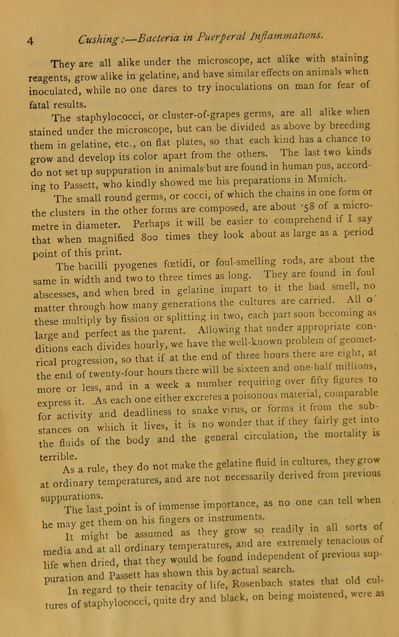 They are all alike under the microscope, act alike with staining reagents, grow alike in gelatine, and have similar effects on animals when inoculated, while no one dares to try inoculations on man for fear of fatal results. ,, ,-i i The staphylococci, or cluster-of-grapes germs, are all alike when stained under the microscope, but can be divided as above by breeding them in gelatine, etc., on flat plates, so that each kind has a chance to grow and develop its color apart from the others. The last two kinds do not set up suppuration in animals but are found in human pus, accord- ing to Passett, who kindly showed me his preparations in Munich. The small round germs, or cocci, of which the chains in one form or the clusters in the other forms are composed, are about -58 of a micro- metre in diameter. Perhaps it will be easier to comprehend if I say that when magnified 800 times they look about as large as a period point of this print. , The bacilli pyogenes foetidi, or foul-smelling rods, are about the same in width and two to three times as long. They are found in fou abscesses, and when bred in gelatine impart to it the ^ad smel no matter through how many generations the cultures are carried. A these multiply by fission or splitting in two, each part soon becoming as large and perfect as the parent. Allowing that under appropriate con- didons each divides hourly, we have the well-known problem of geomet- rical progression, so that if at the end of three hours there are eight, at the end oi twenty-four hours there will be sixteen and onedialf millions more or less, and in a week a number requiring over fifty figures to express it. .As each one either excretes a poisonous material, compara e for activity and deadliness to snake virus, or forms it from the sub- Ices on which it lives, it is no wonder that if they fa.rly get mto the fluids of the body and the general circulation, the mortality is A^a rule they do not make the gelatine fluid in cultures, they grow at ordinary temperatures, and are not necessarily derived from previous auppumdons. importance, as no one can tell when hP mav get them on his fingers or instruments. . „ , r It^ Lght be assumed as they grow so readily in all sorts of tures ofTtaphylococci, quite dry and black, on being moistened, were as