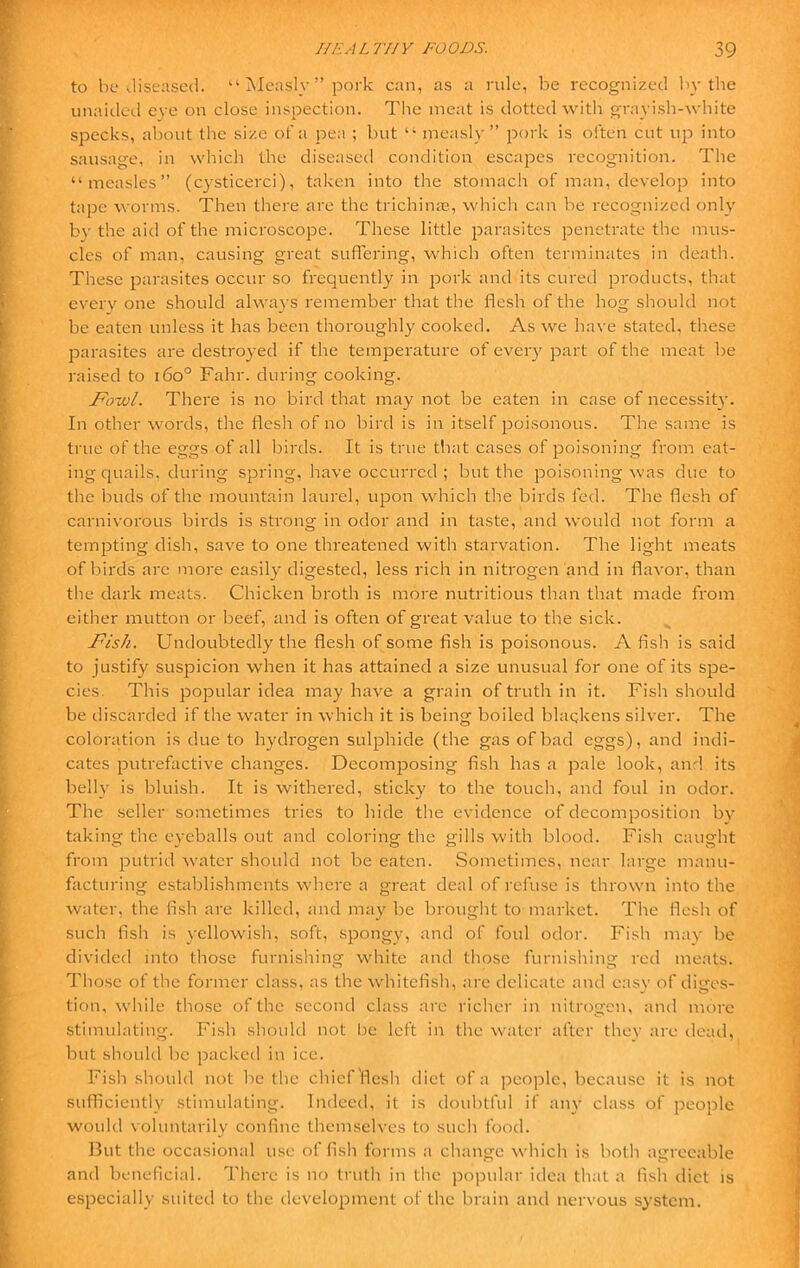 to be diseased. “ Measly ” pork can, as a rule, be recognized by the unaided eye on close inspection. The meat is dotted with grayish-white specks, about the size of a pea ; but “ measly” pork is often cut up into sausage, in which the diseased condition escapes recognition. The “measles” (cysticerci), taken into the stomach of man, develop into tape worms. Then there are the trichinae, which can be recognized only bv the aid of the microscope. These little parasites penetrate the mus- cles of man, causing great suffering, which often terminates in death. These parasites occur so frequently in pork and its cured products, that every one should always remember that the flesh of the hog should not be eaten unless it has been thoroughly cooked. As we have stated, these parasites are destroyed if the temperature of every part of the meat be raised to i6o° Fahr. during cooking. Fowl. There is no bird that may not be eaten in case of necessity. In other words, the flesh of no bird is in itself poisonous. The same is true of the eggs of all birds. It is true that cases of poisoning from eat- ing quails. during spring, have occurred ; but the poisoning was due to the buds of the mountain laurel, upon which the birds fed. The flesh of carnivorous birds is strong in odor and in taste, and would not form a tempting dish, save to one threatened with starvation. The light meats of birds are more easily digested, less rich in nitrogen and in flavor, than the dark meats. Chicken broth is more nutritious than that made from either mutton or beef, and is often of great value to the sick. Fish. Undoubtedly the flesh of some fish is poisonous. A fish is said to justify suspicion when it has attained a size unusual for one of its spe- cies. This popular idea may have a grain of truth in it. Fish should be discarded if the water in which it is being boiled blackens silver. The coloration is due to hydrogen sulphide (the gas of bad eggs), and indi- cates putrefactive changes. Decomposing fish has a pale look, and its belly is bluish. It is withered, sticky to the touch, and foul in odor. The seller sometimes tries to hide the evidence of decomposition by taking the eyeballs out and coloring- the gills with blood. Fish caught from putrid water should not be eaten. Sometimes, near large manu- facturing establishments where a great deal of refuse is thrown into the water, the fish are killed, and may be brought to market. The flesh of such fish is yellowish, soft, spongy, and of foul odor. Fish may be divided into those furnishing white and those furnishing red meats. Those of the former class, as the whitefish, are delicate and easy of diges- tion, while those of the second class are richer in nitrogen, and more stimulating. Fish should not be left in the water after they are dead, but should be packed in ice. Fish should not be the chief flesh diet of a people, because it is not sufficiently stimulating. Indeed, it is doubtful if any class of people would voluntarily confine themselves to such food. But the occasional use of fish forms a change which is both agreeable and beneficial. There is no truth in the popular idea that a fish diet is especially suited to the development of the brain and nervous system.