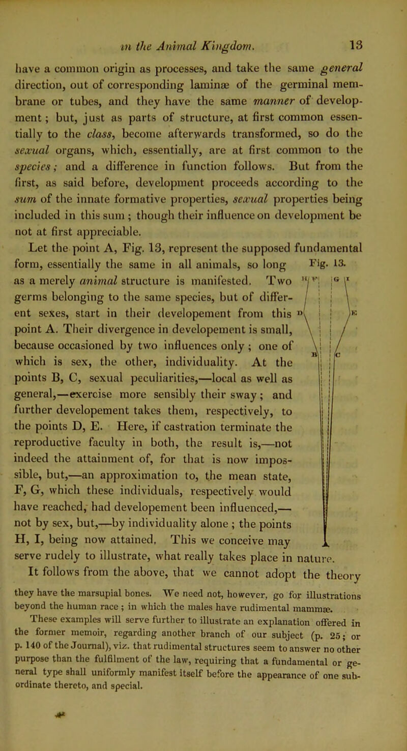 have a common origin as processes, and take the same general direction, out of corresponding laminae of the germinal mem- brane or tubes, and they have the same manner of develop- ment; but, just as parts of structure, at first common essen- tially to the class, become afterwards transformed, so do the sexual organs, which, essentially, are at first common to the species; and a difference in function follows. But from the first, as said before, development proceeds according to the sum of the innate formative properties, sexual properties being included in this sum ; though their influence on development be not at first appreciable. Let the point A, Fig. 13, represent the supposed fundamental form, essentially the same in all animals, so long Fig- 13. as a merely animal structure is manifested. Two germs belonging to the same species, but of differ- ent sexes, start in their developement from this point A. Their divergence in developement is small, because occasioned by two influences only ; one of which is sex, the other, individuality. At the points B, C, sexual peculiarities,—local as well as general,—exercise more sensibly their sway ; and further developement takes them, respectively, to the points D, E. Here, if castration terminate the reproductive faculty in both, the result is,—not indeed the attainment of, for that is now impos- sible, but,—an approximation to, the mean state, F, G, which these individuals, respectively would have reached, had developement been influenced,— not by sex, but,—by individuality alone ; the points H, I, being now attained. This we conceive may serve rudely to illustrate, what really takes place in nature. It follows from the above, that we cannot adopt the theory they have the marsupial bones. We need not, however, go for illustrations beyond the human race; in which the males have rudimental mamma;. These examples will serve further to illustrate an explanation offered in the former memoir, regarding another branch of our subject (p. 25; or p. 140 of the Journal), viz. that rudimental structures seem to answer no other purpose than the fulfilment of the law, requiring that a fundamental or ge- neral type shall uniformly manifest itself before the appearance of one sub- ordinate thereto, and special.