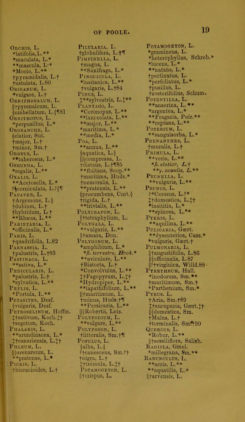 Ouchis, L. *latifoUa,L.** •maculata, L.* •mascula, L-* •Morio, L.** fpyramidalis, L.f fustulata, L.80 Origanum, L. •vulgare, L.f Ornithogalum, L. Hrpyrenaicum, L. Jumbellatum, L.$1T81 ORNITHOrUS, L. •perpusillus, L.* Orobanche, L. {elatior, Sut. fmajor, L.f fminor, Sm.f Orobus, L. ••tuberosus, L.* Osmunda, L. •rcgalis, L.** Oxalis, L. ••Acetosclla, L.* ?§corniculata, L.?$1T Papaver, L. fArgcinone, L.§ fdubium, L.f fhybridum, L.f ••Rhteas, L.** Pariexaria, L. •officinalis, L.* Paris, L. fquadrifolia, L.82 Parnassia, L. tpalustris, L.f83 Pastinaca, L. ••sativa, L.* Pedicularis, L. •palustris, L.f •sylvatica, L.** Peplis, L. •Portula, L.** Petasites, Dcsf. ^vulgaris, Desf. Petroselinum, Hoffm. jfsativum, Koch.jf fsegetum, Koch. Phalaris, L. * *arundinacea, L.* ifcanariensis, L.Jf Phleum, L. ||§arenareum, L. ••pratcnse, L.* Picris, L. fliicracioidcs, L.f Pilularia, L. fglobulifera, L.f IT PlMPINELLA, L. fmagna, L. ••Saxifraga, L.* PlNGUICULA, L. •lusitanica, L.** fvulgaris, L.f84 Pinus, L. J*Ksy]yCStris, L4** Plantago, L. •Coronopus, L.** ••lanceolata, L.** ••major, L.** •maritima, L.* ••media, L.* Poa, L. ••annua, L.** §aqualica, L.§ ||§compressa, L. fdistans, L.fH85 ••fluitans, Scop.** fmaritima, Huds.* fnemoralis, L. ••pratensis, L.** Jprocumbens, Curt.J frigida, L.f ••trivialis, L.** PoLYCRAPON, L. Hftetrapliyllum, L. Polygala, L. ••vulgaris, L.** Ufamara, Don. Polygonum, L. •ampliibium, L.* */3. terrestre, Hook.* ••aviculare, L.** fBistorta, L.f •Convolvulus, L.** JfFagopyrum, L.Jf •Hydropiper, L.** ••lapathifolium, L.** Hfmaritimum, L. fminus, Huds.flT ••Persicaria, L.** ||§Robertii, Lois. Poly podium, L. ••vulgare, L.** POLYPOGON, L. flittoralis, Sm.flT Populus, L. §alba, L.§ ?fcanescens, Sm.?f fnigra, L.f Jftremula, L.Jf POTAMOGETON, L. Hfcrispus, L. 19 POTAMOGETON, L. •gramineus, L. •heterophyllus, Sclireb.* •lucens, L.* **natans, L.* fpcctinatus, L. •perfoliatus, L.* fpusillus, L. fzosterifolius, Schuin. PoTENTILLA, L. ••anseriiia, L. ** •argentea, L.* ••Fragaria, Poir.** ••reptans, L.** Poterium, L. ••sanguisorba, L.* Prenanthes, L. fmuralis, L.f Primula, L. ••veris, L.** *P>.elatior, L.f **y. acatilis, L.** Prunella, L. ••vulgaris, L.** Piiunus, L. ?*Cerasus, L.?* Jfdomestica, L.jj- ♦insititia, L.* ••spinosa, L.** Pteris, L. ••aquilina, L.** Pulicaria, Gairt. ••dyseuterica, Cass.* •vulgaris, Gairt.f Pulmonaria, L. Ufangustifolia, L.86 ||§officinalis, L.87 ||?fvirginica, Willd.88 • Pyrethrum, Hall, •inodorum, Sm.** fmaritimum, Sm.f •Parthenium, Sm.* Pyrus. L. fAria, Sm.f89 jfaucuparia, Gfert.^f ||§domestica, Sm. fMalus, L.f ftorminalis, Sm*T90 Quercus, L. •Robur, L.** Ilfsessiliflora, Salisb. Badiola, Gmel. •millegrana, Sm.** Ranunculus, L. ••acris, L.** ••aquatilis, L.* Ilfarvcnsis, L.