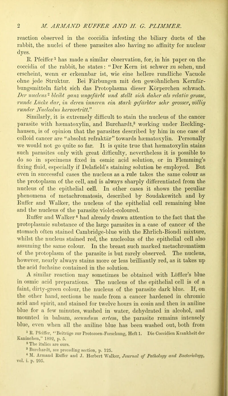 reaction observed in the coccidia infesting the biliary ducts of the rabbit, the nuclei of these parasites also having no affinity for nuclear dyes. E. Pfeiffer1 has made a similar observation, for, in his paper on the coccidia of the rabbit, he states: “ Der Kern ist schwer zu sehen, und erscheint, wenn er erkennbar ist, wie eine hellere rundliche Vacuole ohne jede Struktur. Bei Farbungen mit den gewohnlichen Kernfar- bungsmitteln farbt sich das Protoplasma dieser Korperchen schwach. Der nucleus 2 bleibt ganz ungefarbt und stellt sich dahcr als relativ grossc, rundc Lilcke dar, in deren inneren ein stark gefdrbtcr sehr grosser, vollig runder Nucleolus hervortritt.” Similarly, it is extremely difficult to stain the nucleus of the cancer parasite with haematoxylin, and Burchardt,3 working under Eeckling- hausen, is of opinion that the parasites described by him in one case of colloid cancer are “absolut refraktar” towards haematoxylin. Personally we would not go quite so far. It is quite true that haematoxylin stains such parasites only with great difficulty, nevertheless it is possible to do so in specimens fixed in osmic acid solution, or in Flemming’s fixing fluid, especially if Delafield’s staining solution be employed. But even in successful cases the nucleus as a rule takes the same colour as the protoplasm of the cell, and is always sharply differentiated from the nucleus of the epithelial cell. In other cases it shows the peculiar phenomena of metachromatosis, described by Soudakewitch and by Buffer and Walker, the nucleus of the epithelial cell remaining blue and the nucleus of the parasite violet-coloured. Euffer and Walker 4 had already drawn attention to the fact that the protoplasmic substance of the large parasites in a case of cancer of the Stomach often stained Cambridge-blue with the Ehrlich-Biondi mixture, whilst the nucleus stained red, the nucleolus of the epithelial cell also assuming the same colour. In the breast such marked metachromatism of the protoplasm of the parasite is but rarely observed. The nucleus, however, nearly always stains more or less brilliantly red, as it takes up the acid fuchsine contained in the solution. A similar reaction may sometimes be obtained with Loffler’s blue in osmic acid preparations. The nucleus of the epithelial cell is of a faint, dirty-green colour, the nucleus of the parasite dark blue. If, on the other hand, sections be made from a cancer hardened in chromic acid and spirit, and stained for twelve hours in eosin and then in aniline blue for a few minutes, washed in water, dehydrated in alcohol, and mounted in balsam, secundum artcm, the parasite remains intensely blue, even when all the aniline blue has been washed out, both from 1 R. Pfeiffer, “ Beitrage zur Protozoen-Forschung, Heft 1. Die Coccidien Kranklieit der Kaninchen, 1892, p. 5. 2 The italics are ours. 3 Burchardt, see preceding section, p. 125. 4 M. Armand Buffer and J. Herbert Walker, Journal of Pathology and Bacteriology, vol. i. p. 205.