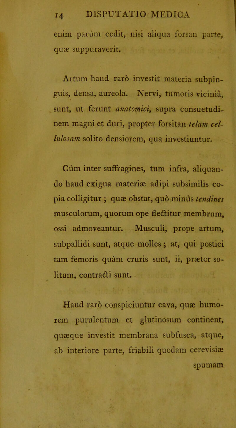 H enim parum cedit, nisi aliqua forsan parte, quae suppuraverit. Artum haud raro investit materia subpin- guis, densa, aureola. Nervi, tumoris vicinia, sunt, ut ferunt anatomici, supra consuetudi- nem magni et duri, propter forsitan telam cel- lulosam solito densiorem, qua investiuntur. Cum inter suffragines, tum infra, aliquan- do haud exigua materiae adipi subsimilis co- pia colligitur ; quae obstat, quo minus tendines musculorum, quorum ope fleditur membrum, ossi admoveantur. Musculi, prope artum, subpallidi sunt, atque molles; at, qui postici tam femoris quam cruris sunt, ii, praeter so- litum, contradi sunt. Haud raro conspiciuntur cava, quae humo- rem purulentum et glutinosum continent, quaeque investit membrana subfusca, atque, ab interiore parte, friabili quodam cerevisiae spumam