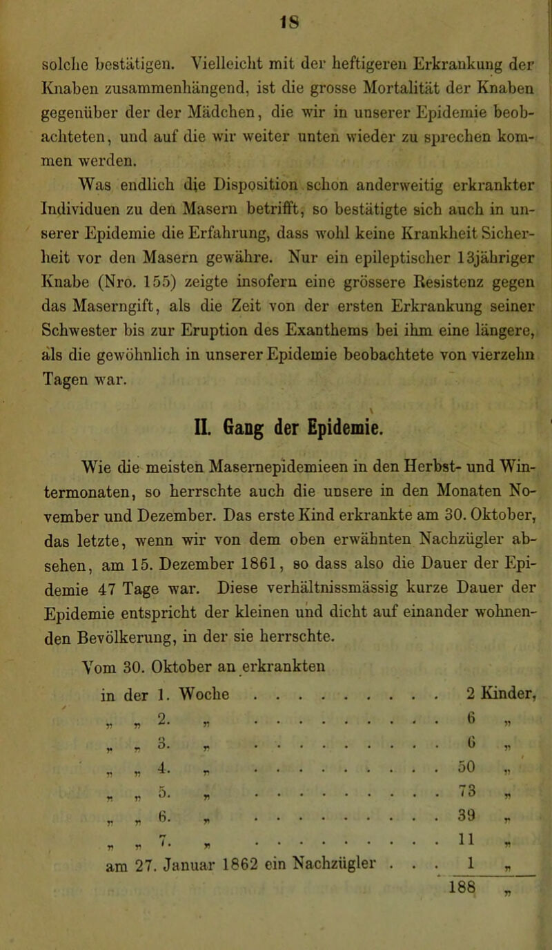 solche bestätigen. Vielleicht mit der heftigeren Erkrankung der Knaben zusammenhängend, ist die grosse Mortalität der Knaben gegenüber der der Mädchen, die wir in unserer Epidemie beob- achteten , und auf die wir weiter unten wieder zu sprechen kom- men werden. Was endlich die Disposition schon anderweitig erkrankter Individuen zu den Masern betrifft, so bestätigte sich auch in un- sei’er Epidemie die Erfahrung, dass wohl keine Krankheit Sicher- heit vor den Masern gewähre. Nur ein epileptischer 13jähriger Knabe (Nro. 155) zeigte insofern eine grössere Resistenz gegen das Maserngift, als die Zeit von der ersten Erkrankung seiner Schwester bis zur Eruption des Exanthems bei ihm eine längere, als die gewöhnlich in unserer Epidemie beobachtete von vierzehn Tagen war. \ II. Gang der Epidemie. Wie die meisten Masernepidemieen in den Herbst- und Win- termonaten, so herrschte auch die unsere in den Monaten No- vember und Dezember. Das erste Kind erkrankte am 30. Oktober, das letzte, wenn wir von dem oben erwähnten Nachzügler ab- sehen, am 15. Dezember 1861, so dass also die Dauer der Epi- demie 47 Tage war. Diese verhältnissmässig kurze Dauer der Epidemie entspricht der kleinen und dicht auf einander wohnen- den Bevölkerung, in der sie herrschte. Vom 30. Oktober an erkrankten in der 1. Woche V V 2. n O *  yt y) T! r. « y> v n » r* n v 1 • » am 27. Januar 1862 ein Nachzügler . . . 2 Kinder, 50 „ 73 „ 39 r 11 * 188 V