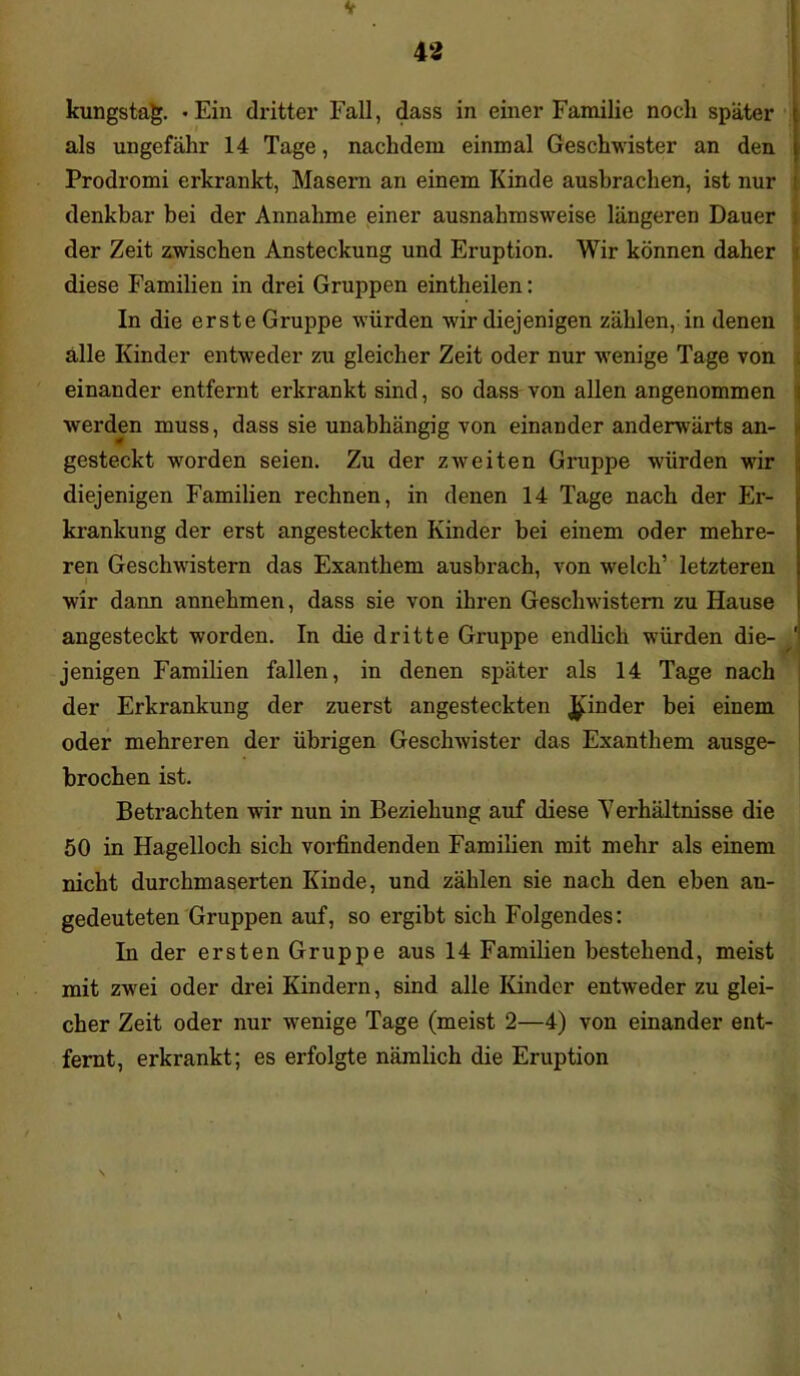 V 4 i kungstag. -Ein dritter Fall, dass in einer Familie noch später als ungefähr 14 Tage, nachdem einmal Geschwister an den Prodromi erkrankt, Masern an einem Kinde ausbrachen, ist nur ! denkbar bei der Annahme einer ausnahmsweise längeren Dauer i der Zeit zwischen Ansteckung und Eruption. Wir können daher i diese Familien in drei Gruppen eintheilen: In die erste Gruppe würden wir diejenigen zählen, in denen alle Kinder entweder zu gleicher Zeit oder nur wenige Tage von einander entfernt erkrankt sind, so dass von allen angenommen werden muss, dass sie unabhängig von einander anderwärts an- gesteckt worden seien. Zu der zweiten Gruppe würden wir diejenigen Familien rechnen, in denen 14 Tage nach der Er- krankung der erst angesteckten Kinder bei einem oder mehre- ren Geschwistern das Exanthem ausbrach, von welch’ letzteren I ' 1 wir dann annehmen, dass sie von ihren Geschwistern zu Hause angesteckt worden. In die dritte Gruppe endlich würden die- ' jenigen Familien fallen, in denen später als 14 Tage nach der Erkrankung der zuerst angesteckten Rinder bei einem oder mehreren der übrigen Geschwister das Exanthem ausge- brochen ist. Betrachten wir nun in Beziehung auf diese Verhältnisse die 50 in Hagelloch sich vorfindenden Familien mit mehr als einem nicht durchmaserten Kinde, und zählen sie nach den eben an- gedeuteten Gruppen auf, so ergibt sich Folgendes: In der ersten Gruppe aus 14 Familien bestehend, meist mit zwrei oder drei Kindern, sind alle Kinder entweder zu glei- cher Zeit oder nur wenige Tage (meist 2—4) von einander ent- fernt, erkrankt; es erfolgte nämlich die Eruption