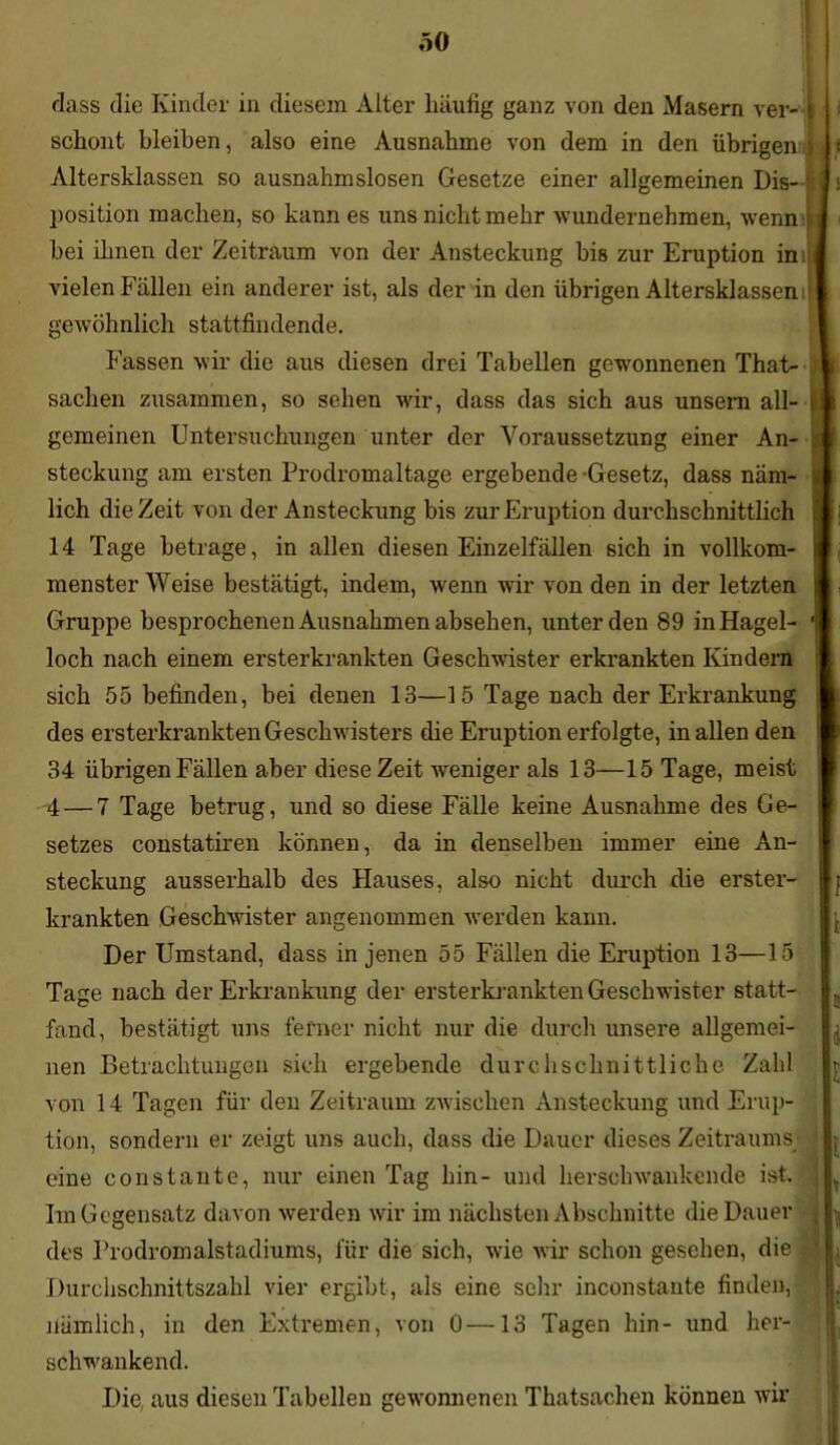 ÖÜ dass die Kinder in diesem Alter liiiufig ganz von den Masern ver- schont bleiben, also eine Ausnahme von dem in den übrigen Altersklassen so ausnahmslosen Gesetze einer allgemeinen Dis- position machen, so kann es uns nicht mehr wundernehmen, wenn bei ihnen der Zeitraum von der Ansteckung bis zur Eruption in vielen Fällen ein anderer ist, als der in den übrigen Altersklassen gewöhnlich stattfindende. Fassen wir die aus diesen drei Tabellen gewonnenen That- sachen zusammen, so sehen wir, dass das sich aus unsem all- gemeinen Untersuchungen unter der Voraussetzung einer An- steckung am ersten Prodromaltage ergebende -Gesetz, dass näm- lich die Zeit von der Ansteckung bis zur Eruption durchschnittlich 14 Tage betrage, in allen diesen Einzelfällen sich in vollkom- menster Weise bestätigt, indem, wenn wir von den in der letzten Gruppe besprochenen Ausnahmen absehen, unter den 89 in Hagel- loch nach einem ersterkrankten Geschwister erkrankten Kindern sich 55 befinden, bei denen 13—15 Tage nach der Erkrankung des ersterkrankten Geschwisters die Eruption erfolgte, in allen den 34 übrigen Fällen aber diese Zeit weniger als 13—15 Tage, meist 4 — 7 Tage betrug, und so diese Fälle keine Ausnahme des Ge- setzes constatiren können, da in denselben immer eine An- steckung ausserhalb des Hauses, also nicht durch die erster- krankten Geschwister angenommen werden kann. Der Umstand, dass in jenen 55 Fällen die Eruption 13—15 Tage nach der Erkrankung der ersterkrankten Geschwister statt- fand, bestätigt uns ferner nicht nur die durch unsere allgemei- nen Betrachtungen sich ergebende durchschnittliche Zahl von 14 Tagen für den Zeitraum zwischen Ansteckung und Erup- tion, sondern er zeigt uns auch, dass die Dauer dieses Zeitraums eine constante, nur einen Tag hin- und herschwankende ist. Im Gegensatz davon werden wir im nächsten Abschnitte die Dauer des Prodromalstadiums, für die sich, wie wir schon gesehen, die Durchschnittszahl vier ergibt, als eine sehr inconstante finden, nämlich, in den Extremen, von 0—13 Tagen hin- und her- schwankend. Die, aus diesen Tabellen gewonnenen Thatsachen können wir