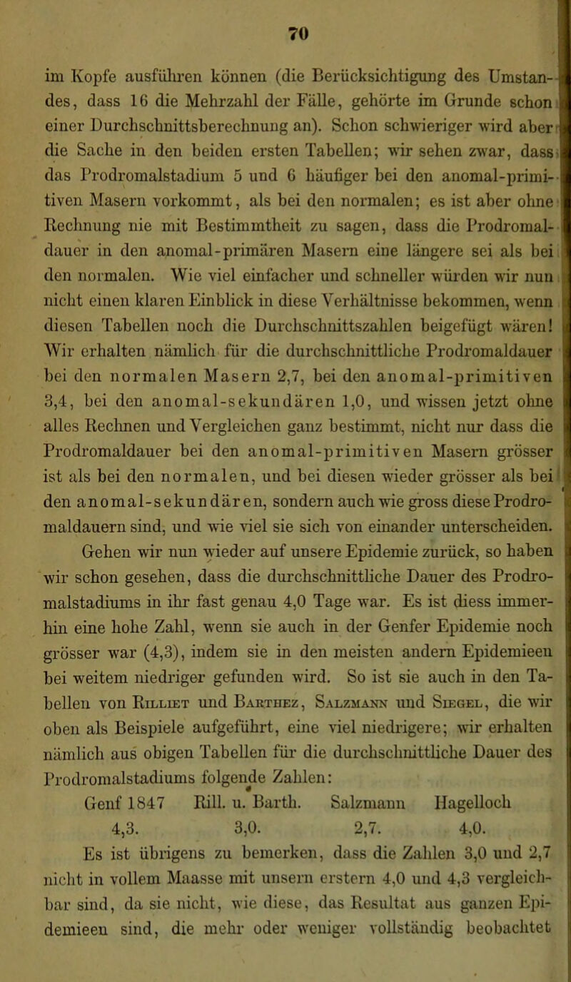 im Kopfe ausftihren können (die Berücksichtigung des Umstan- des , dass 16 die Mehrzahl der Fälle, gehörte im Grunde schon j; einer Durchschnittsberechnung an). Schon schwieriger wird aber die Sache in den beiden ersten Tabellen; wir sehen zwar, dass das Prodromalstadium 5 und G häufiger bei den anomal-primi- | tiven Masern vorkommt, als bei den normalen; es ist aber ohne Rechnung nie mit Bestimmtheit zu sagen, dass die Prodromal- - dauer in den anomal-primären Masern eine längere sei als bei den normalen. Wie viel einfacher und schneller würden wir nun nicht einen klaren Einblick in diese Verhältnisse bekommen, wenn diesen Tabellen noch die Durchschnittszahlen beigefügt wären! Wir erhalten nämlich für die durchschnittliche Prodromaldauer j bei den normalen Masern 2,7, bei den anomal-primitiven 3,4, bei den anomal-sekundären 1,0, und wissen jetzt ohne alles Rechnen und Vergleichen ganz bestimmt, nicht nur dass die Prodromaldauer bei den anomal-primitiven Masern grösser ist als bei den normalen, und bei diesen wieder grösser als bei den anomal-sekundären, sondern auch wie gross diese Prodro- maldauern sind, und wie viel sie sich von einander unterscheiden. Gehen wir nun wieder auf unsere Epidemie zurück, so haben wir schon gesehen, dass die durchschnittliche Dauer des Prodro- malstadiums in ihr fast genau 4,0 Tage war. Es ist diess immer- hin eine hohe Zahl, wenn sie auch in der Genfer Epidemie noch grösser war (4,3), indem sie in den meisten andern Epidemieen bei weitem niedriger gefunden wird. So ist sie auch in den Ta- bellen von Rilliet und Barthez, Salzmann und Siegel, die wir oben als Beispiele aufgeführt, eine viel niedrigere; wir erhalten nämlich aus obigen Tabellen für die durchschnittliche Dauer des Prodromalstadiums folgende Zahlen: Genf 1847 Rill. u. Barth. Salzmann Hagelloch 4,3. 3,0. 2,7. 4,0. Es ist übrigens zu bemerken, dass die Zahlen 3,0 und 2,7 nicht in vollem Maasse mit unsern erstem 4,0 und 4,3 vergleich- bar sind, da sie nicht, wie diese, das Resultat aus ganzen Epi- demieen sind, die mehr oder weniger vollständig beobachtet