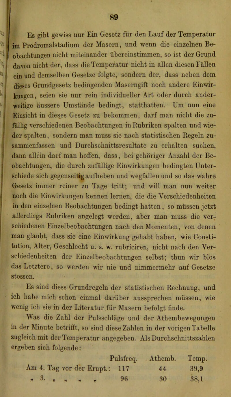 atl i. I I Es gibt gewiss nur Ein Gesetz für den Lauf der Temperatur im Prodromalstadium der Masern, und wenn die einzelnen Be- obachtungen nicht miteinander übereinstimmen, so ist der Grund davon nicht der, dass die Temperatur nicht in allen diesen Fällen ein und demselben Gesetze folgte, sondern der, dass neben dem dieses Grundgesetz bedingenden Maserngift noch andere Einwir- kungen, seien sie nur rein individueller Art oder durch ander- weitige äussere Umstände bedingt, statthatten. Um nun eine Einsicht in dieses Gesetz zu bekommen, darf man nicht die zu- fällig verschiedenen Beobachtungen in Rubriken spalten und wie- der spalten, sondern man muss sie nach statistischen Regeln zu- sammenfassen und Durchschnittsresultate zu erhalten suchen, dann allein darf man hoffen, dass, bei gehöriger Anzahl der Be- obachtungen, die durch zufällige Einwirkungen bedingten Unter- schiede sich gegenseitig aufheben und wegfallen und so das wahre Gesetz immer reiner zu Tage tritt; und will man nun weiter noch die Einwirkungen kennen lernen, die die Verschiedenheiten in den einzelnen Beobachtungen bedingt hatten, so müssen jetzt allerdings Rubriken angelegt werden, aber man muss die ver- schiedenen Einzelbeobachtungen nach den Momenten, von denen man glaubt, dass sie eine Einwirkung gehabt haben, wie Consti- tution, Alter, Geschlecht u. s. w. rubriciren, nicht nach den Ver- schiedenheiten der Einzelbeobachtungen selbst; thun wir blos das Letztere, so werden wir nie und nimmermehr auf Gesetze stossen. Es sind diess Grundregeln der statistischen Rechnung, und ich habe mich schon einmal darüber aussprechen müssen, wie wenig ich sie in der Literatur für Masern befolgt finde. Was die Zahl der Pulsschläge und der Atbembewegungen in der Minute betrifft, so sind diese Zahlen in der vorigen Tabelle zugleich mit der Temperatur angegeben. Als Durchschnittszahlen ergeben sich folgende: Pulsfreq. Athemb. Temp. Am 4. Tag vor der Erupt.: 117 44 39,9 » 3. „ „ „ „ 96 30 38,1