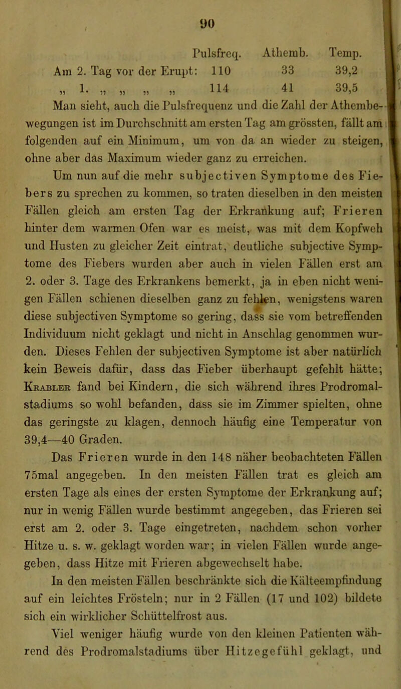 I Pulsfreq. Athemb. Temp. Am 2. Tag vor der Erupt: 110 33 39,2 „ 1. „ „ „ „ 114 41 39,5 Man sieht, auch die Pulsfrequenz und die Zahl der Athemhe- wegungen ist im Durchschnitt am ersten Tag am grössten, fällt am folgeuden auf ein Minimum, um von da an wieder zu steigen, ohne aber das Maximum wieder ganz zu erreichen. Um nun auf die mehr subjectiven Symptome des Fie- bers zu sprechen zu kommen, so traten dieselben in den meisten Fällen gleich am ersten Tag der Erkrankung auf; Frieren hinter dem warmen Ofen war es meist, was mit dem Kopfweh und Husten zu gleicher Zeit eintrat, deutliche subjective Symp- tome des Fiebers wurden aber auch in vielen Fällen erst am 2. oder 3. Tage des Erkrankens bemerkt, ja in eben nicht weni- gen Fällen schienen dieselben ganz zu fehlen, wenigstens waren | diese subjectiven Symptome so gering, dass sie vom betreffenden Individuum nicht geklagt und nicht in Anschlag genommen -wur- den. Dieses Fehlen der subjectiven Symptome ist aber natürlich kein Beweis dafür, dass das Fieber überhaupt gefehlt hätte; Krabler fand bei Kindern, die sich während ihres Prodromal- stadiums so wohl befanden, dass sie im Zimmer spielten, ohne das geringste zu klagen, dennoch häufig eine Temperatur von 39,4—40 Graden. Das Frieren wurde in den 148 näher beobachteten Fällen 75mal angegeben. In den meisten Fällen trat es gleich am ersten Tage als eines der ersten Symptome der Erkrankung auf; nur in wenig Fällen wurde bestimmt angegeben, das Frieren sei erst am 2. oder 3. Tage eingetreten, nachdem schon voi'lier Hitze u. s. w. geklagt worden war; in vielen Fällen wurde ange- geben, dass Hitze mit Frieren abgewechselt habe. In den meisten Fällen beschränkte sich die lvälteempfinduug auf ein leichtes Frösteln; nur in 2 Fällen (17 und 102) bildete sich ein wirklicher Schüttelfrost aus. Viel weniger häufig wurde von den kleinen Patienten wäh- rend des Prodromalstadiums über Hitzegefühl geklagt, und