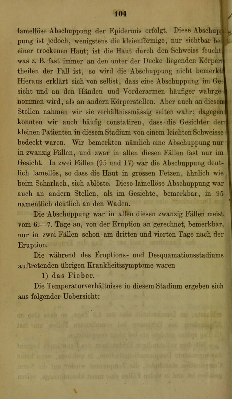 lamellöse Abschuppung der Epidermis erfolgt. Diese Abschup V pung ist jedoch, wenigstens die kleienförmige, nur sichtbar be i einer trockenen Haut; ist die Haut durch den Schweiss feucht! was z. B. fast immer an den unter der Decke liegenden Körper t theilen der Fall ist, so wird die Abschuppung nicht bemerkt! Hieraus erklärt sich von selbst, dass eine Abschuppung im Ge l sicht und an den Händen und Vorderarmen häufiger wahrge-| nommen wird, als an andern Körperstellen. Aber auch an diesen! Stellen nahmen wir sie verhältnissmässig selten wahr; dagegen I konnten wir auch häufig constatiren, dass die Gesichter der! kleinen Patienten in diesem Stadium von einem leichten Schweisse bedeckt waren. Wir bemerkten nämlich eine Abschuppung nur ! in zwanzig Fällen, und zwar in allen diesen Fällen fast nur im Gesicht. In zwei Fällen (95 und 17) war die Abschuppung deut- lich lamellös, so dass die Haut in grossen Fetzen, ähnlich wie beim Scharlach, sich ablöste. Diese lamellöse Abschuppung war auch an andern Stellen, als im Gesichte, bemerkbar, in 95 namentlich deutlich an den Waden. Die Abschuppung war in allen diesen zwanzig Fällen meist vom 6.—7. Tage an, von der Eruption an gerechnet, bemerkbar, nur in zwei Fällen schon am dritten und vierten Tage nach der Eruption. Die während des Eruptions- und Desquamationsstadiums auftretenden übrigen Krankheitssymptome waren 1) das Fieber. Die Temperaturverhältnisse in diesem Stadium ergeben sich aus folgender Uebersicht: