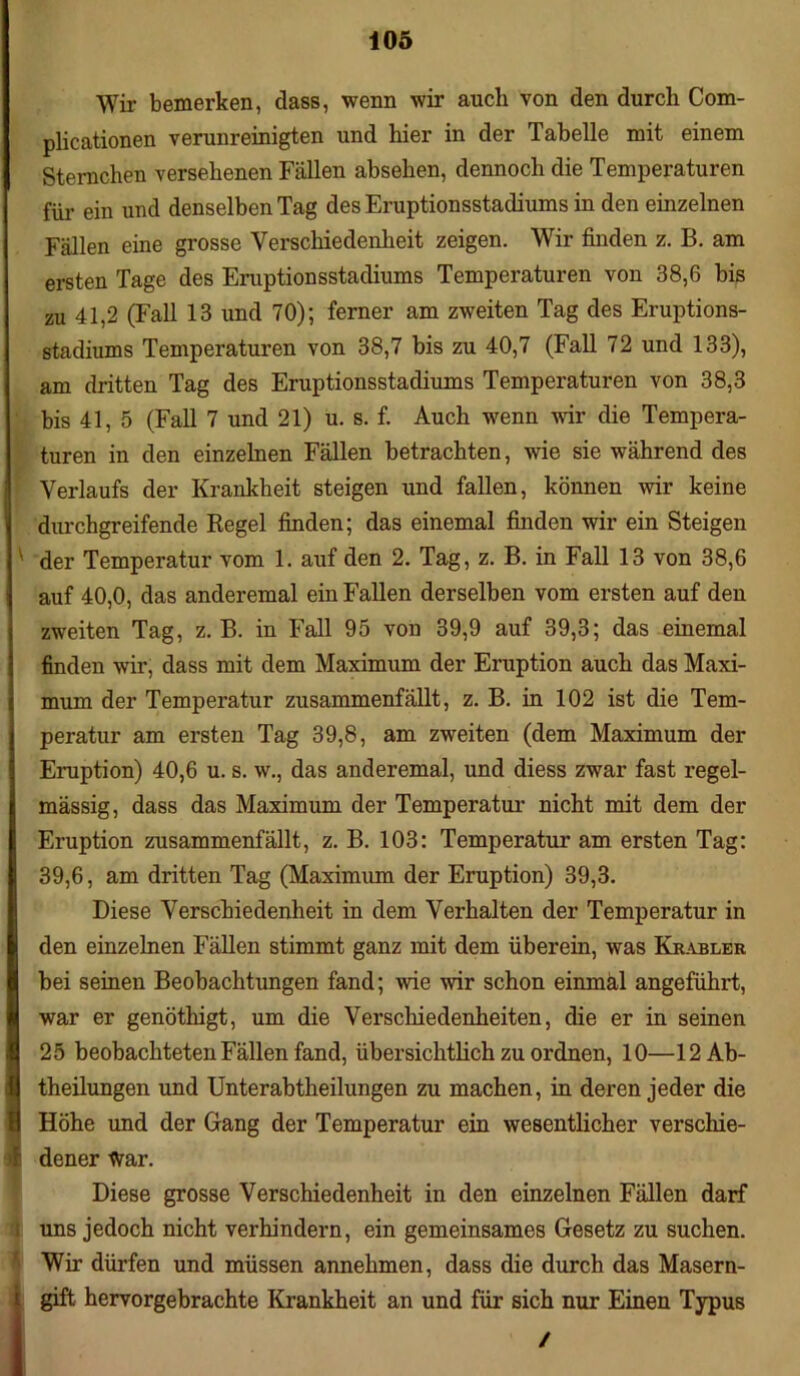 Wir bemerken, dass, wenn wir auch von den durch Com- plicationen verunreinigten und hier in der Tabelle mit einem Sternchen versehenen Fällen absehen, dennoch die Temperaturen für ein und denselben Tag des Eruptionsstadiums in den einzelnen Fällen eine grosse Verschiedenheit zeigen. Wir finden z. B. am ersten Tage des Eruptionsstadiums Temperaturen von 38,6 bis zu 41,2 (Fall 13 und 70); ferner am zweiten Tag des Eruptions- stadiums Temperaturen von 38,7 bis zu 40,7 (Fall 72 und 133), am dritten Tag des Eruptionsstadiums Temperaturen von 38,3 bis 41, 5 (Fall 7 und 21) u. s. f. Auch wenn wir die Tempera- turen in den einzelnen Fällen betrachten, wie sie während des Verlaufs der Krankheit steigen und fallen, können wir keine durchgreifende Regel finden; das einemal finden wir ein Steigen der Temperatur vom 1. auf den 2. Tag, z. B. in Fall 13 von 38,6 auf 40,0, das anderemal ein Fallen derselben vom ersten auf den zweiten Tag, z. B. in Fall 95 von 39,9 auf 39,3; das einemal finden wir, dass mit dem Maximum der Eruption auch das Maxi- mum der Temperatur zusammenfällt, z. B. in 102 ist die Tem- peratur am ersten Tag 39,8, am zweiten (dem Maximum der Eruption) 40,6 u. s. w., das anderemal, und diess zwar fast regel- mässig, dass das Maximum der Temperatur nicht mit dem der Eruption zusammenfällt, z. B. 103: Temperatur am ersten Tag: 39,6, am dritten Tag (Maximum der Eruption) 39,3. Diese Verschiedenheit in dem Verhalten der Temperatur in den einzelnen Fällen stimmt ganz mit dem überein, was Krabler bei seinen Beobachtungen fand; wie wir schon einmal angeführt, war er genöthigt, um die Verschiedenheiten, die er in seinen 25 beobachteten Fällen fand, übersichtlich zu ordnen, 10—12 Ab- theilungen und Unterabtheilungen zu machen, in deren jeder die Höhe und der Gang der Temperatur ein wesentlicher verschie- dener War. Diese grosse Verschiedenheit in den einzelnen Fällen darf uns jedoch nicht verhindern, ein gemeinsames Gesetz zu suchen. Wir dürfen und müssen annehmen, dass die durch das Masern- gift hervorgebrachte Krankheit an und für sich nur Einen Typus /