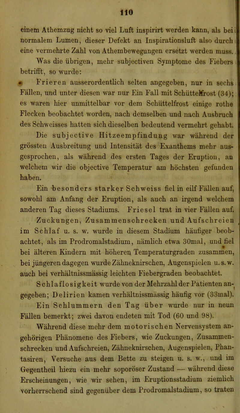 einem Athemzug nicht so viel Luft inspirirt werden kann, als bei i normalem Lumen, dieser Defekt an Inspirationsluft also durch eine vermehrte Zahl von Athembewegungen ersetzt werden muss. Was die übrigen, mehr subjectiven Symptome des Fiebers betrifft, so wurde: * Frieren ausserordentlich selten angegeben, nur in sechs ; Fällen, und unter diesen war nur Ein Fall mit Schüttelfrost (34); es waren hier unmittelbar vor dem Schüttelfrost einige rothe Flecken beobachtet worden, nach demselben und nach Ausbruch des Schweisses hatten sich dieselben bedeutend vermehrt gehabt. Die subjective Hitzeempfindung war während der grössten Ausbreitung und Intensität des Exanthems mehr aus- gesprochen, als während des ersten Tages der Eruption, an welchem wir die objective Temperatur am höchsten gefunden haben. Ein besonders starker Schweiss fiel in eilf Fällen auf, sowohl am Anfang der Eruption, als auch an irgend welchem anderen Tag dieses Stadiums. Friesei trat in vier Fällen auf. . Zuckungen, Zusammenschrecken und Aufschreien im Schlaf u. s. w. wurde in diesem Stadium häufiger beob- achtet, als im Prodromalstadium, nämlich etwa 30mal, und fiel bei älteren Kindern mit höheren Temperaturgraden zusammen, bei jüngeren dagegen wurde Zähneknirschen, Augenspielen u. s. w. auch bei verhältnissmässig leichten Fiebergraden beobachtet. Schlaflosigkeit wurde von der Mehrzahl der Patienten an- gegeben; Delirien kamen verhältnissmässig häufig vor (33mal). Ein Schlummern den Tag über wurde nur in neun Fällen bemerkt; zwei davon endeten mit Tod (60 und 98). Während diese mehr dem motorischen Nervensystem an- gehörigen Phänomene des Fiebers, wie Zuckungen, Zusammen- schrecken und Aufschreien, Zähneknirschen, Augenspielen, Phan- tasien, Versuche aus dem Bette zu steigen u. s. w., und im Gegentheil hiezu ein mehr soporöser Zustand — während diese Erscheinungen, wie wir sehen, im Eruptionsstadium ziemlich vorherrschend sind gegenüber dem Prodromalstadium, so traten