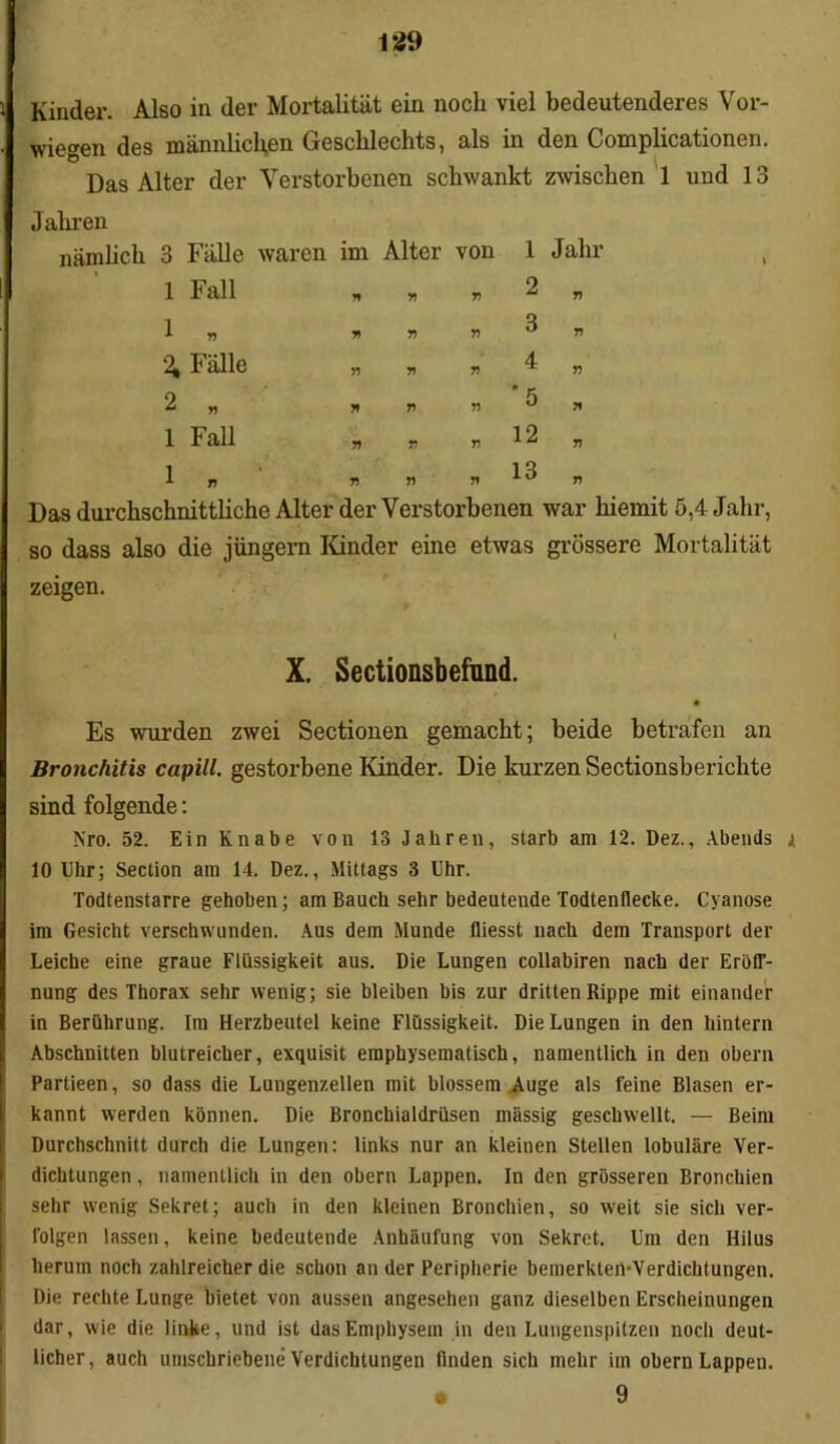 Kinder. Also in der Mortalität ein noch viel bedeutenderes Vor- wiegen des männlichen Geschlechts, als in den Complicationen. Das Alter der Verstorbenen schwankt zwischen 1 und 13 Jahren nämlich 3 Fälle waren im Alter von 1 Jahr Das durchschnittliche Alter der Verstorbenen war hiemit ö,4 Jahr, so dass also die jüngern Kinder eine etwas grössere Mortalität zeigen. Es wurden zwei Sectionen gemacht; beide betrafen an Bronchitis capill. gestorbene Kinder. Die kurzen Sectionsberichte sind folgende: Nro. 52. Ein Knabe von 13 Jahren, starb am 12. Dez., Abends ji 10 Uhr; Section am 14. Dez., Mittags 3 Uhr. Todtenstarre gehoben; am Bauch sehr bedeutende Todtenflecke. Cyanose im Gesicht verschwunden. Aus dem Munde fliesst nach dem Transport der Leiche eine graue Flüssigkeit aus. Die Lungen collabiren nach der Eröff- nung des Thorax sehr wenig; sie bleiben bis zur dritten Rippe mit einander in Berührung. Im Herzbeutel keine Flüssigkeit. Die Lungen in den hintern Abschnitten blutreicher, exquisit einphysematisch, namentlich in den obern Partieen, so dass die Lungenzellen mit blossem Auge als feine Blasen er- kannt werden können. Die Bronchialdrüsen massig geschwellt. — Beim Durchschnitt durch die Lungen: links nur an kleinen Stellen lobuläre Ver- dichtungen , namentlich in den obern Lappen. In den grösseren Bronchien sehr wenig Sekret; auch in den kleinen Bronchien, so weit sie sich ver- folgen lassen, keine bedeutende Anhäufung von Sekret. Um den Hilus herum noch zahlreicher die schon an der Peripherie bemerkten-Verdichtungen. Die rechte Lunge bietet von aussen angesehen ganz dieselben Erscheinungen dar, wie die linke, und ist das Emphysem in den Lungenspitzen noch deut- licher, auch umschriebene Verdichtungen finden sich mehr im obern Lappen. 1 Fall 1 * ^ Fälle 2 „ 1 Fall 1 * X. Sectionsbefund. 9