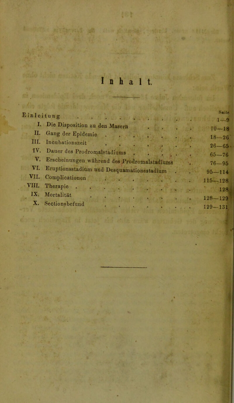 Inhalt. Einleitung I. Die Disposition zu den Masern II. Gang der Epidemie .... III. Incubationszeit IV. Dauer des Prodromalstadiums ’ ♦ V. Erscheinungen wahrend des Prodromalstadiums VI. Eruptionsstadiüm und Desquamationsstadium VII. Complicationen VIII. Therapie ..... IX. Mortalität .... X. Sectionsbefund S«ite 1—9 10—18 18—26 26-65- 65—76 76—95 95—114 115—128 128{i 128—129 129—131 m