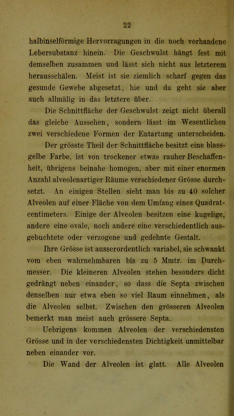 halbinselförmige Hervorragungen in die noch vorhandene Lebersubstanz hinein. Die Geschwulst hängt fest mit demselben zusammen und lässt sich nicht aus letzterem herausschälen. Meist ist sie ziemlich scharf gegen das gesunde Gewebe abgesetzt, hie und da geht sie aber auch allmälig in das letztere über. Die Schnittfläche der Geschwulst zeigt nicht überall das gleiche Aussehen, sondern lässt im Wesentlichen zwei verschiedene Formen der Entartung unterscheiden. Der grösste Theil der Schnittfläche besitzt eine blass- gelbe Farbe, ist von trockener etwas rauher Beschaffen- heit, übrigens beinahe homogen, aber mit einer enormen Anzahl alveolenartiger Räume verschiedener Grösse durch- setzt. An einigen Stellen sieht man bis zu 40 solcher Alveolen auf einer Fläche von dem Umfang eines Quadrat-, centimeters. Einige der Alveolen besitzen eine kugelige, andere eine ovale, noch andere eine verschiedentlich aus- gebuchtete oder verzogene und gedehnte Gestalt. Ihre Grösse ist ausserordentlich variabel, sie schwankt vom eben wahrnehmbaren bis zu 5 Mmtr. im Durch- messer. Die kleineren Alveolen stehen besonders dicht gedrängt neben einander, so dass die Septa zwischen denselben nur etwa eben so viel Raum einnehmen, als die Alveolen selbst. Zwischen den grösseren Alveolen bemerkt man meist auch grössere Septa. Uebrigens kommen Alveolen der verschiedensten Grösse und in der verschiedensten Dichtigkeit unmittelbar neben einander vor. Die Wand der Alveolen ist glatt. Alle Alveolen