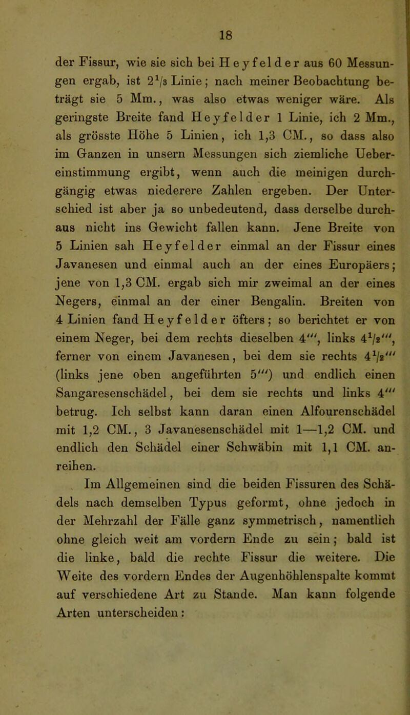der Fissur, wie sie sich bei Heyfelder aus 60 Messun- gen ergab, ist 2Vs Linie; nach meiner Beobachtung be- trägt sie 5 Mm., was also etwas weniger wäre. Als geringste Breite fand Heyfelder 1 Linie, ich 2 Mm., als grösste Höhe 5 Linien, ich 1,3 CM., so dass also im Ganzen in unsern Messungen sich ziemliche Ueber- einstimmung ergibt, wenn auch die meinigen durch- gängig etwas niederere Zahlen ergeben. Der Unter- schied ist aber ja so unbedeutend, dass derselbe durch- aus nicht ins Gewicht fallen kann. Jene Breite von 5 Linien sah Heyfelder einmal an der Fissur eines Javanesen und einmal auch an der eines Europäers; jene von 1,3 CM. ergab sich mir zweimal an der eines Negers, e'inmal an der einer Bengalin. Breiten von 4 Linien fand Heyfelder öfters; so berichtet er von einem Neger, bei dem rechts dieselben 4', links 4V2', ferner von einem Javanesen, bei dem sie rechts 4Va' (links jene oben angeführten 5') und endlich einen Sangaresenschädel, bei dem sie rechts und links 4''' betrug. Ich selbst kann daran einen Alfourenschädel mit 1,2 CM., 3 Javanesenschädel mit 1—1,2 CM. und endlich den Schädel einer Schwäbin mit 1,1 CM. an- reihen. Im Allgemeinen sind die beiden Fissuren des Schä- dels nach demselben Typus gefoi’mt, ohne jedoch in der Mehrzahl der Fälle ganz symmetrisch, namentlich ohne gleich weit am vordem Ende zu sein; bald ist die linke, bald die rechte Fissur die weitere. Die Weite des vordem Endes der Augeuhöhlenspalte kommt auf verschiedene Art zu Stande. Man kann folgende Arten unterscheiden: