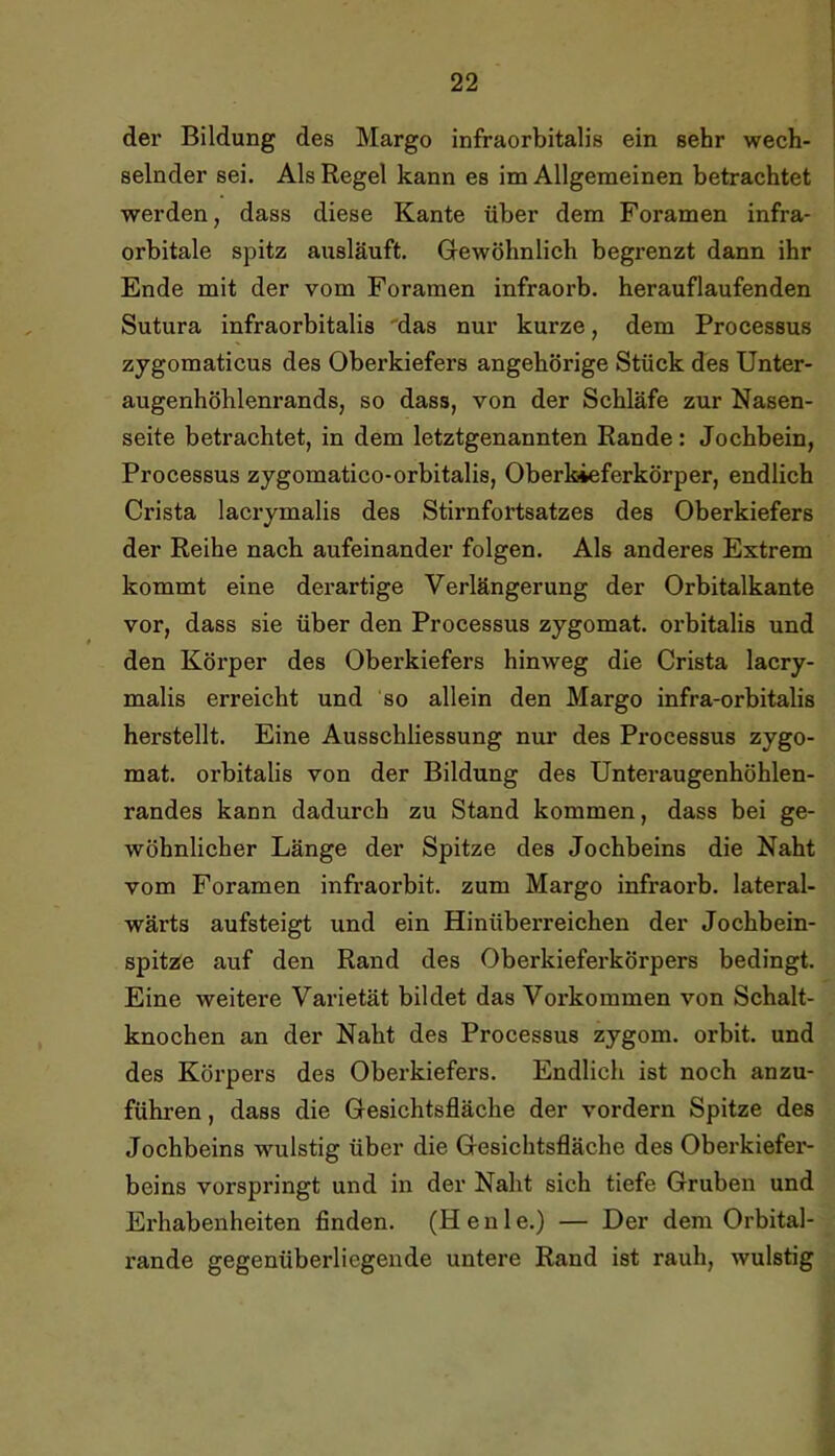 der Bildung des Marge infraorbitalis ein sehr wech- selnder sei. Als Regel kann es im Allgemeinen betrachtet werden, dass diese Kante über dem Foramen infra- orbitale spitz ausläuft. Gewöhnlich begrenzt dann ihr Ende mit der vom Foramen infraorb. herauflaufenden Sutura infraorbitalis 'das nur kurze, dem Processus zygomaticus des Oberkiefers angehörige Stück des Unter- augenhöhlenrands, so dass, von der Schläfe zur Nasen- seite betrachtet, in dem letztgenannten Rande : Jochbein, Processus zygomatico-orbitalis, Oberkieferkörper, endlich Crista lacrymalis des Stirnfortsatzes des Oberkiefers der Reihe nach aufeinander folgen. Als anderes Extrem kommt eine derartige Verlängerung der Orbitalkante vor, dass sie über den Processus zygomat. orbitalis und den Körper des Oberkiefers hinweg die Crista lacry- malis erreicht und so allein den Margo infra-orbitalis herstellt. Eine Ausschliessung nur des Processus zygo- mat. orbitalis von der Bildung des Unteraugenhöhlen- randes kann dadurch zu Stand kommen, dass bei ge- wöhnlicher Länge der Spitze des Jochbeins die Naht vom Foramen infraorbit. zum Margo infraorb. lateral- wärts aufsteigt und ein Hinüberreichen der Jochbein- spitiÄe auf den Rand des Oberkieferkörpers bedingt. Eine weitere Varietät bildet das Vorkommen von Schalt- knochen an der Naht des Processus zygom. orbit. und des Körpers des Oberkiefers. Endlich ist noch anzu- führen , dass die Gesichtsfläche der vordem Spitze des Jochbeins wulstig über die Gesichtsfläche des Oberkiefer- beins vorspringt und in der Naht sich tiefe Gruben und Erhabenheiten finden. (Heule.) — Der dem Orbital- rande gegenüberliegende untere Rand ist rauh, wulstig