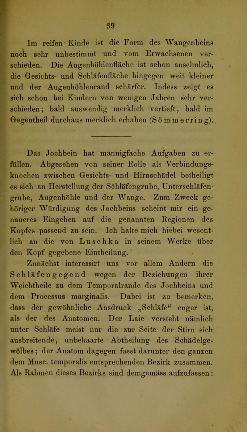 Im reifen Kinde ist die Form des Wangenbeins noch sehr unbestimmt und vom Erwachsenen ver- schieden. Die Augenhöhlenfläche ist schon ansehnlich, die Gesichts- und Schläfenfläche hingegen weit kleiner und der Augenhöhlenrand schärfer. Indess zeigt es sich schon bei Kindern von wenigen Jahren sehr ver- schieden; bald auswendig merklich vertieft, bald im Gegentheil durchaus merklich erhaben (Sö mm erring). Das Jochbein hat mannigfache Aufgaben zu er- füllen. Abgesehen von seiner Rolle als Verbindungs- knochen zwischen Gesichts- und Hirnschädel betheiligt es sich an Herstellung der Söhläfengrube, Unterschläfen- grube, Augenhöhle und der Wange. Zum Zweck ge- höriger Würdigung des Jochbeins scheint mir ein ge- naueres Eingehen auf die genannten Regionen des Kopfes passend zu sein. Ich halte mich hiebei wesent- lich an die von Luschka in seinem Werke über den Kopf gegebene Eintheilung. Zunächst interessirt uns vor allem Andern die Schläfengegend wegen der Beziehungen ihrer Weichtheile zu dem Temporalrande des Jochbeins und dem Processus marginalis. Dabei ist zu bemerken, dass der gewöhnliche Ausdruck „Schläfe“ enger ist, als der des Anatomen. Der Laie versteht nämlich unter Schläfe meist nur die zur Seite der Stirn sich ausbreitende, unbehaarte Abtheilung des Schädelge- wölbes ; der Anatom dagegen fasst darunter den ganzen dem Muse, teinporalis entsprechenden Bezirk zusammen. Als Rahmen dieses Bezirks sind demgemäss aufzufassen: