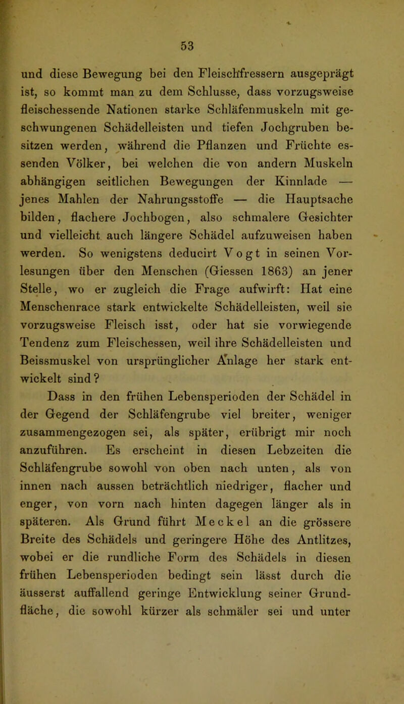 und diese Bewegung bei den Fleischfressern ausgeprägt ist, so kommt man zu dem Schlüsse, dass vorzugsweise fleischessende Nationen starke Schläfenmuskeln mit ge- schwungenen Schädelleisten und tiefen Jochgruben be- sitzen werden, während die Pflanzen und Früchte es- senden Völker, bei welchen die von andern Muskeln abhängigen seitlichen Bewegungen der Kinnlade — jenes Mahlen der Nahrungsstoffe — die Hauptsache bilden, flachere Jochbogen, also schmalere Gesichter und vielleicht auch längere Schädel aufzuweisen haben werden. So wenigstens deducirt Vogt in seinen Voi’- lesungen über den Menschen (Giessen 1863) an jener Stelle, wo er zugleich die Frage aufwirft: Hat eine Menschenrace stark entwickelte Schädelleisten, weil sie vorzugsweise Fleisch isst, oder hat sie vorwiegende Tendenz zum Fleischessen, weil ihre Schädelleisten und Beissmuskel von ursprünglicher .ATnlage her stark ent- wickelt sind? Dass in den frühen Lebensperioden der Schädel in der Gegend der Schläfengrube viel breiter, weniger zusammengezogen sei, als später, erübrigt mir noch anzuführen. Es erscheint in diesen Lebzeiten die Schläfengrube sowohl von oben nach unten, als von innen nach aussen beträchtlich niedriger, flacher und enger, von vorn nach hinten dagegen länger als in späteren. Als Grund führt Meckel an die grössere Breite des Schädels und geringere Höhe des Antlitzes, wobei er die rundliche Form des Schädels in diesen frühen Lebensperioden bedingt sein lässt durch die äusserst auffallend geringe Entwicklung seiner Grund- fläche, die sowohl kürzer als schmäler sei und unter