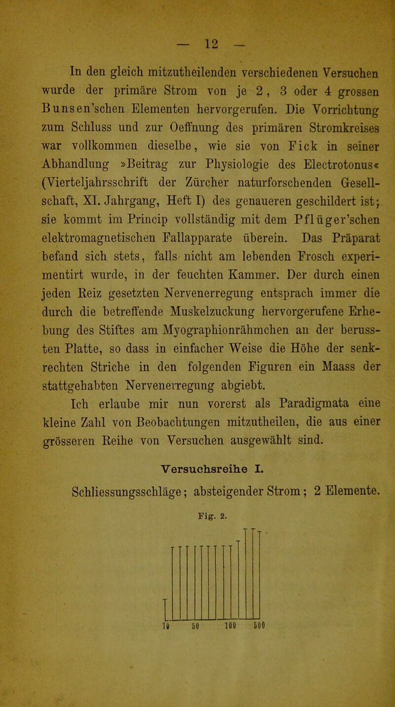 In den gleich mitzutheilenden verschiedenen Versuchen wurde der primäre Strom von je 2, 3 oder 4 grossen Bunsen’schen Elementen hervorgerufen. Die Vorrichtung zum Schluss und zur Oeffnung des primären Stromkreises war vollkommen dieselbe, wie sie von Fick in seiner Abhandlung »Beitrag zur Physiologie des Electrotonus« (Vierteljahrsschrift der Zürcher naturforsch enden Gesell- schaft, XI. Jahrgang, Heft I) des genaueren geschildert ist; sie kommt im Princip vollständig mit dem Pflüger’schen elektromagnetischen Pallapparate überein. Das Präparat befand sich stets, falls nicht am lebenden Frosch experi- mentirt wurde, in der feuchten Kammer. Der durch einen jeden Keiz gesetzten Nervenerregung entsprach immer die durch die betreffende Muskelzuckung hervorgerufene Erhe- bung des Stiftes am Myographionrähmchen an der beruss- ten Platte, so dass in einfacher Weise die Höhe der senk- rechten Striche in den folgenden Figuren ein Maass der stattgehabten Nervenerregung abgiebt. Ich erlaube mir nun vorerst als Paradigmata eine kleine Zahl von Beobachtungen mitzutheilen, die aus einer grösseren Reihe von Versuchen ausgewählt sind. Versuchsreihe I. Schliessungsschläge; absteigender Strom; 2 Elemente. Fig. 2.