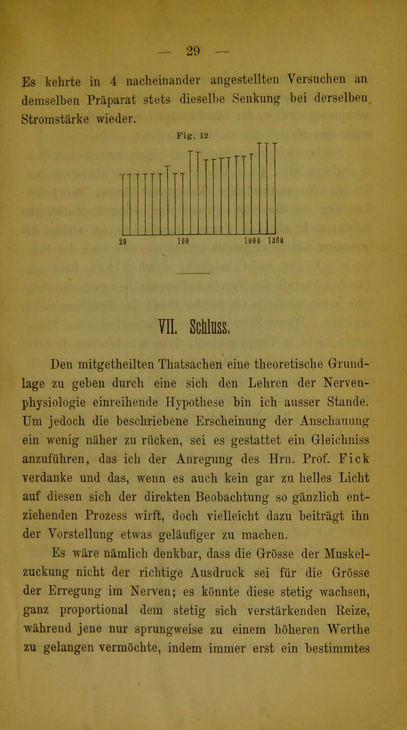 Es kehrte in 4 nacheinander angestellten Versuchen an demselben Präparat stets dieselbe Senkung bei derselben^ Stromstärke wieder. Fi(?, 12. VII. Scbluss. Den mitgetheilten Thatsachen eine theoretische Grund- lage zu geben durch eine sich den Lehren der Nerven- physiologie einreihende Hypothese bin ich ausser Stande. Um jedoch die beschriebene Erscheinung der Anschauung ein wenig näher zu rücken, sei es gestattet ein Gleichniss anzuführen, das ich der Anregung des Hrn. Prof. Fick verdanke und das, wenn es auch kein gar zu helles Licht auf diesen sich der direkten Beobachtung so gänzlich ent- ziehenden Prozess wirft, doch vielleicht dazu beiträgt ihn der Vorstellung etwas geläufiger zu machen. Es wäre nämlich denkbar, dass die Grösse der Muskel- zuckung nicht der richtige Ausdruck sei für die Grösse der Erregung im Nerven; es könnte diese stetig wachsen, ganz proportional dem stetig sich verstärkenden Reize, während jene nur sprungweise zu einem höheren Werthe zu gelangen vermöchte, indem immer erst ein bestimmtes